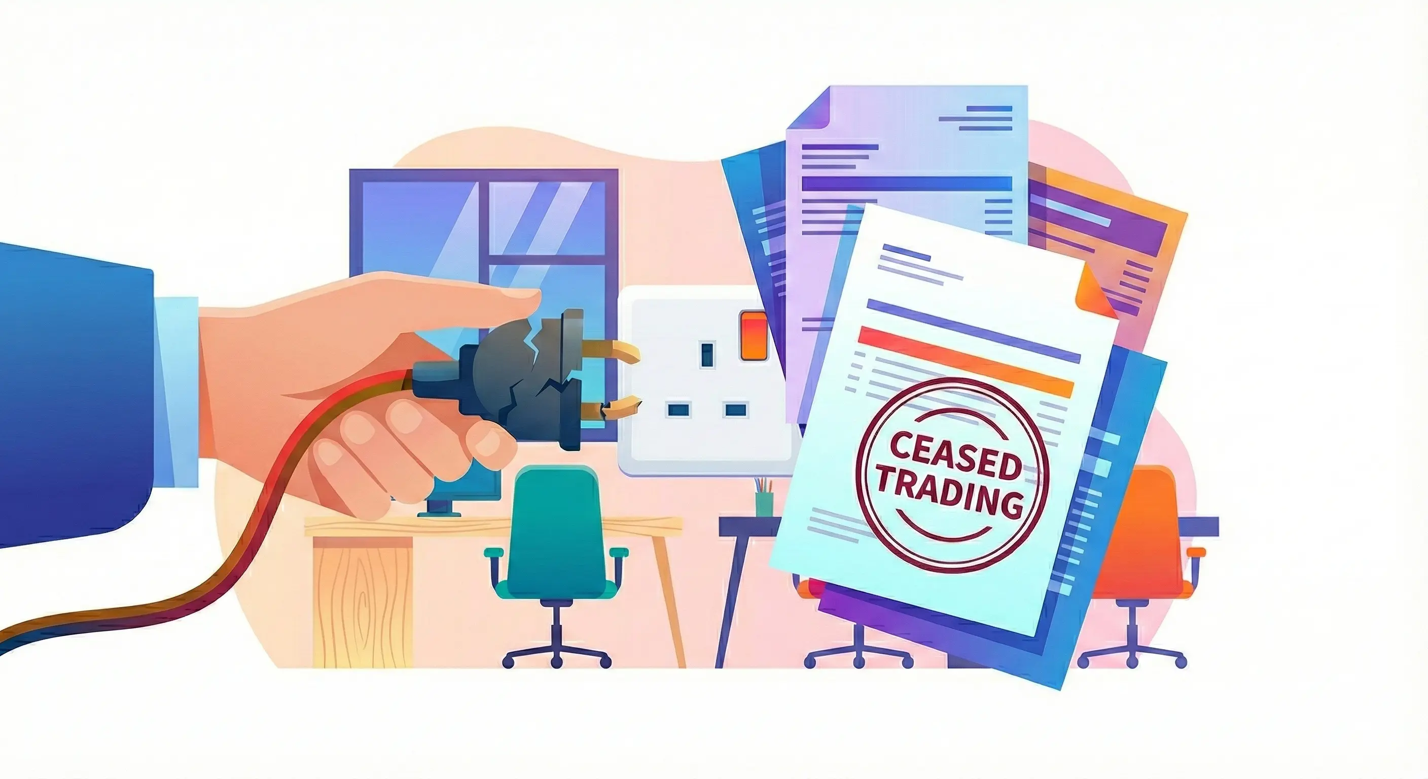 Illustration of a red power plug being disconnected with business energy bills floating around it and a 'ceased trading' notice - representing the moment when an energy supplier fails