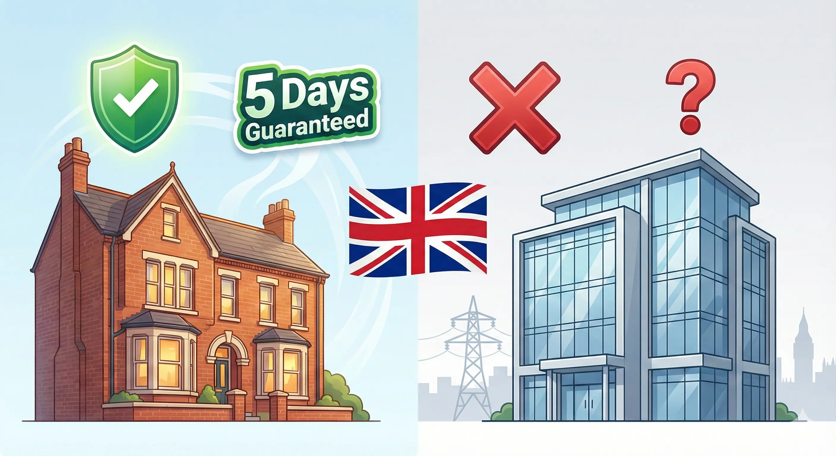 Split image showing a domestic home with a green checkmark and 5-day guarantee badge versus an office building with a red X and question mark, illustrating that the Energy Switch Guarantee only applies to households not businesses