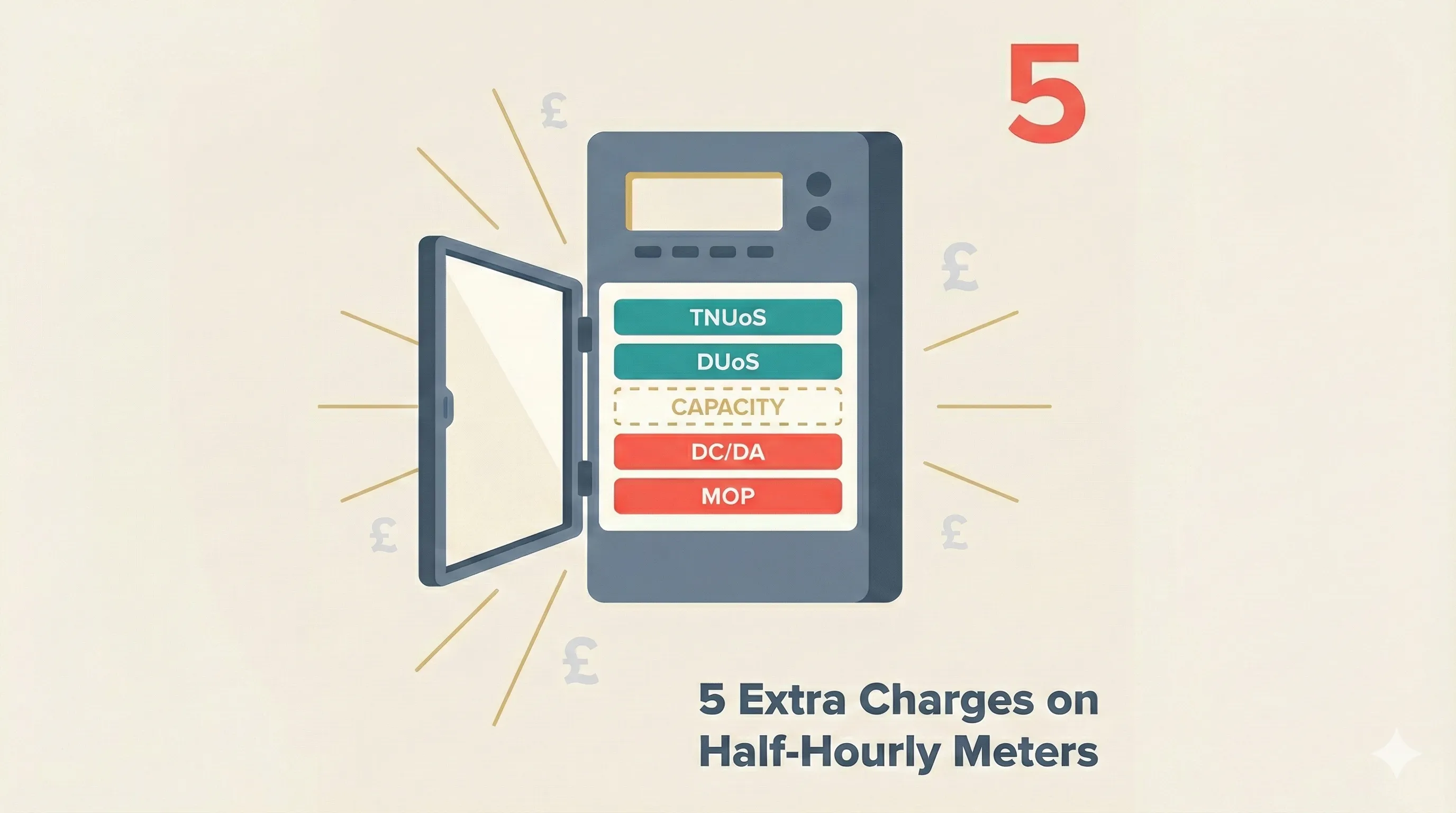 Flat vector illustration of an electricity meter with its front panel open revealing five stacked charge layers inside - MOP, DC/DA, capacity, DUoS and TNUoS - with gold light rays and floating pound signs