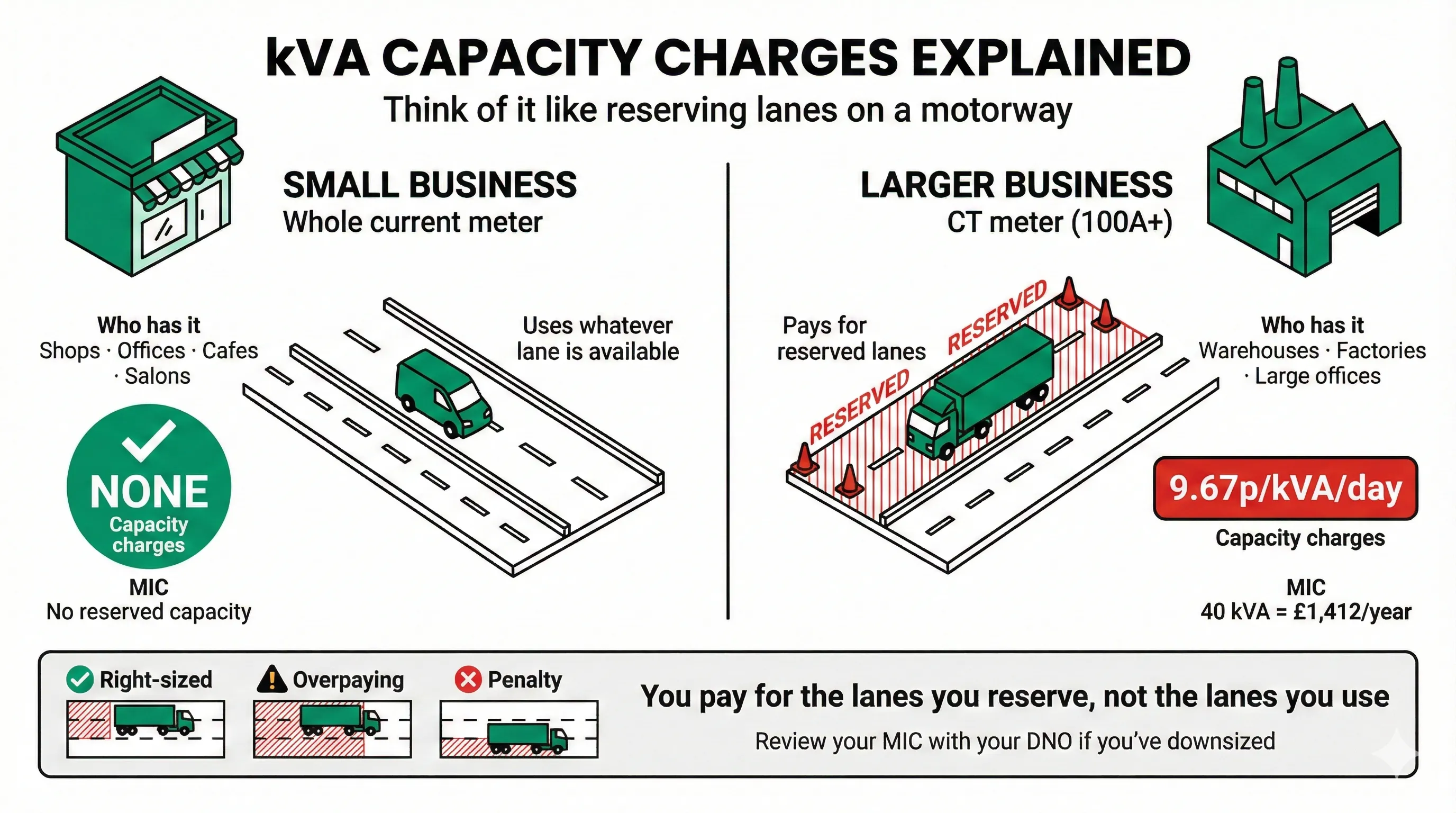kVA capacity charges explained using the motorway lane analogy - small businesses with whole current meters use whatever lane is available and pay no capacity charges, while larger businesses with CT meters pay for reserved lanes at 9.67p per kVA per day