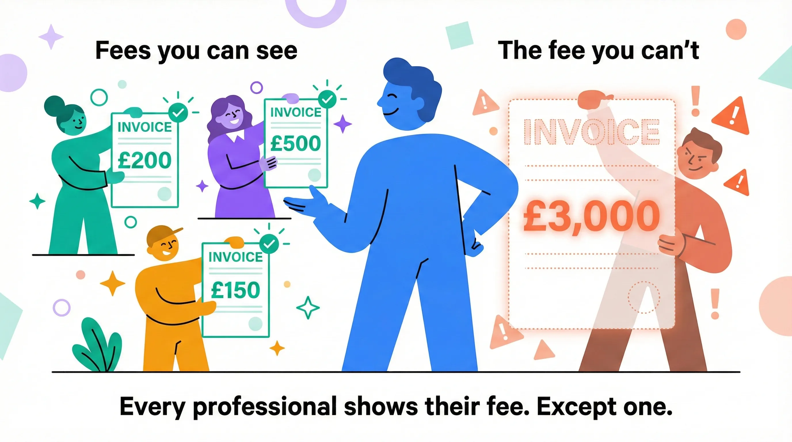 Corporate memphis illustration showing visible professional fees versus invisible energy broker fee