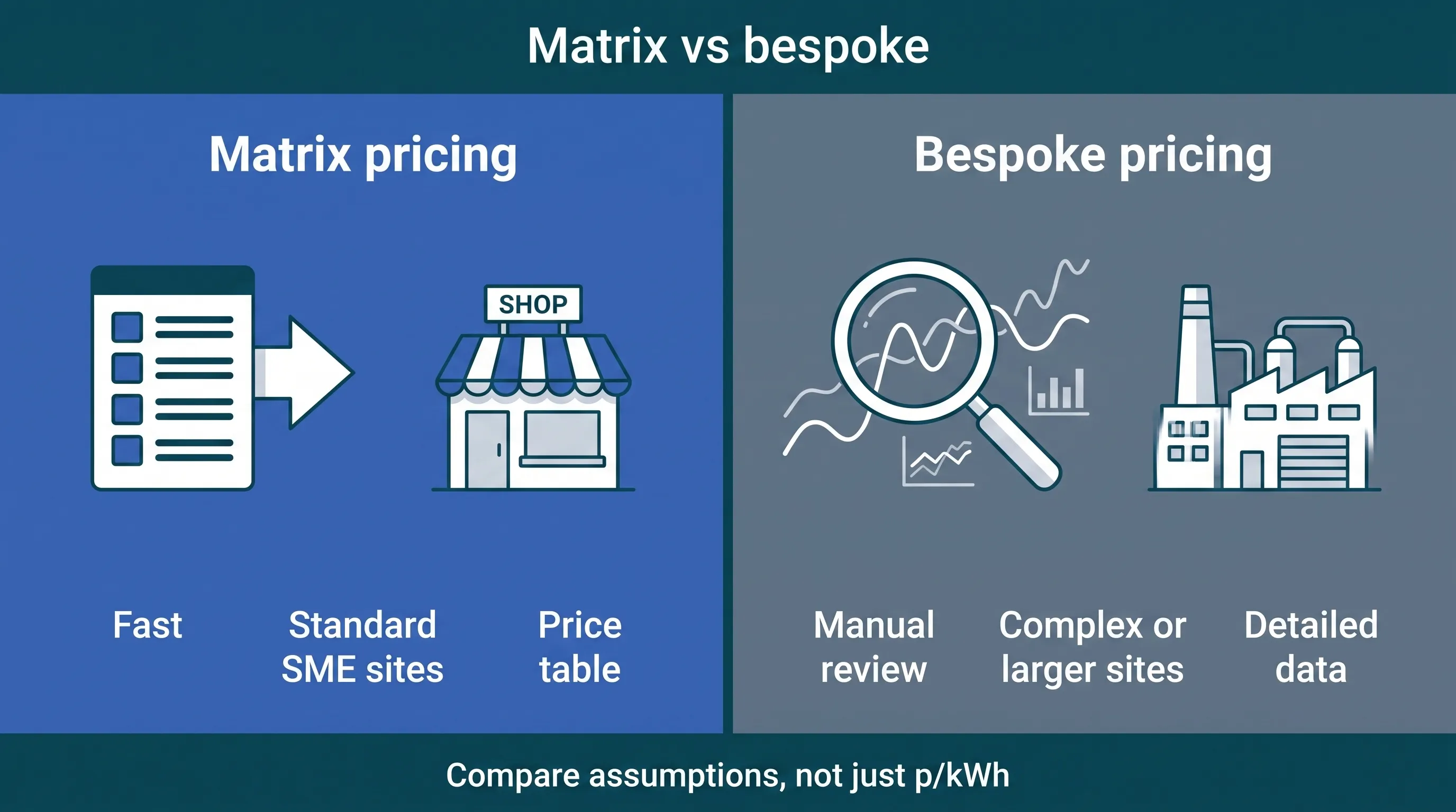 Side-by-side infographic comparing matrix pricing for standard SME sites with bespoke pricing for complex or larger business energy sites