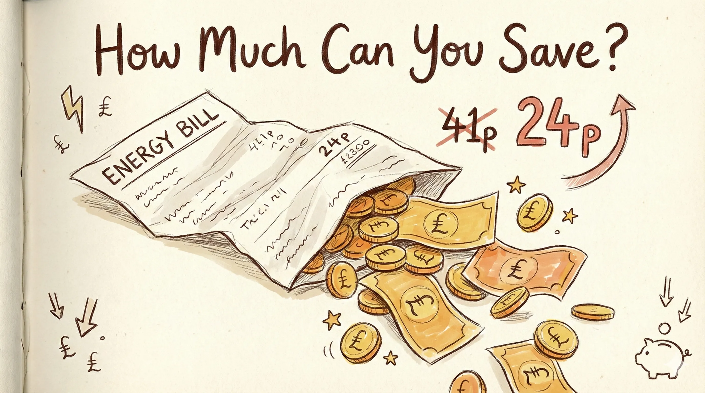 Hand-drawn illustration of a UK energy bill unfolding with coins and banknotes tumbling out, showing 41p crossed out and replaced with 24p