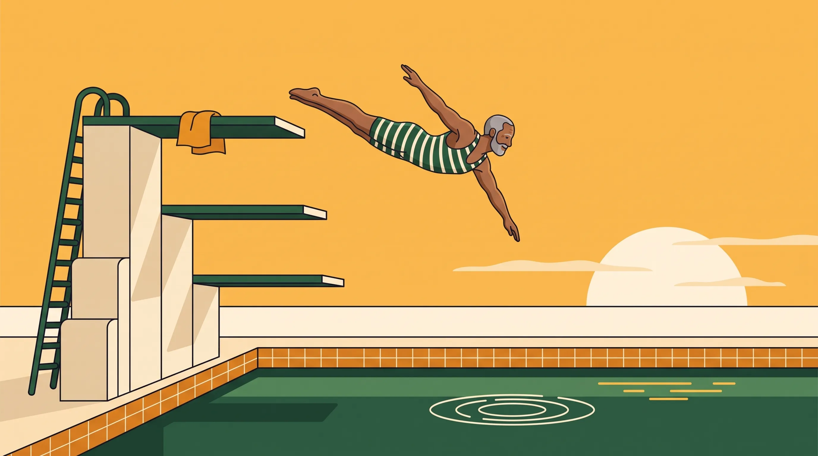 Flat illustration of a smiling grey-bearded man diving from the highest of three stepped diving boards into a green lido at golden hour, his apron left folded on the top board