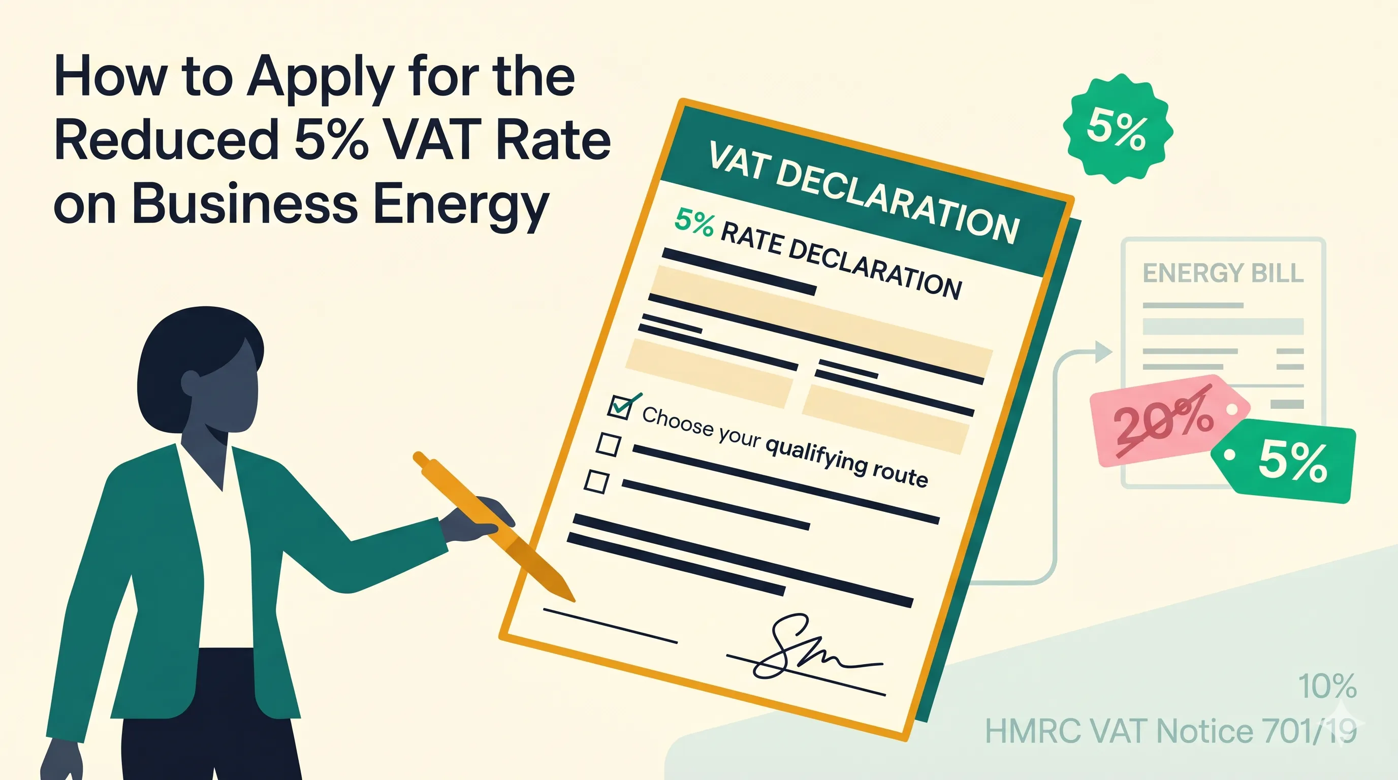 Editorial illustration of a UK SME owner signing a 5% Rate VAT Declaration certificate, with a stylised energy bill in the background switching from a 20% tag to a 5% tag, and a faint HMRC VAT Notice 701/19 mark indicating the regulatory basis