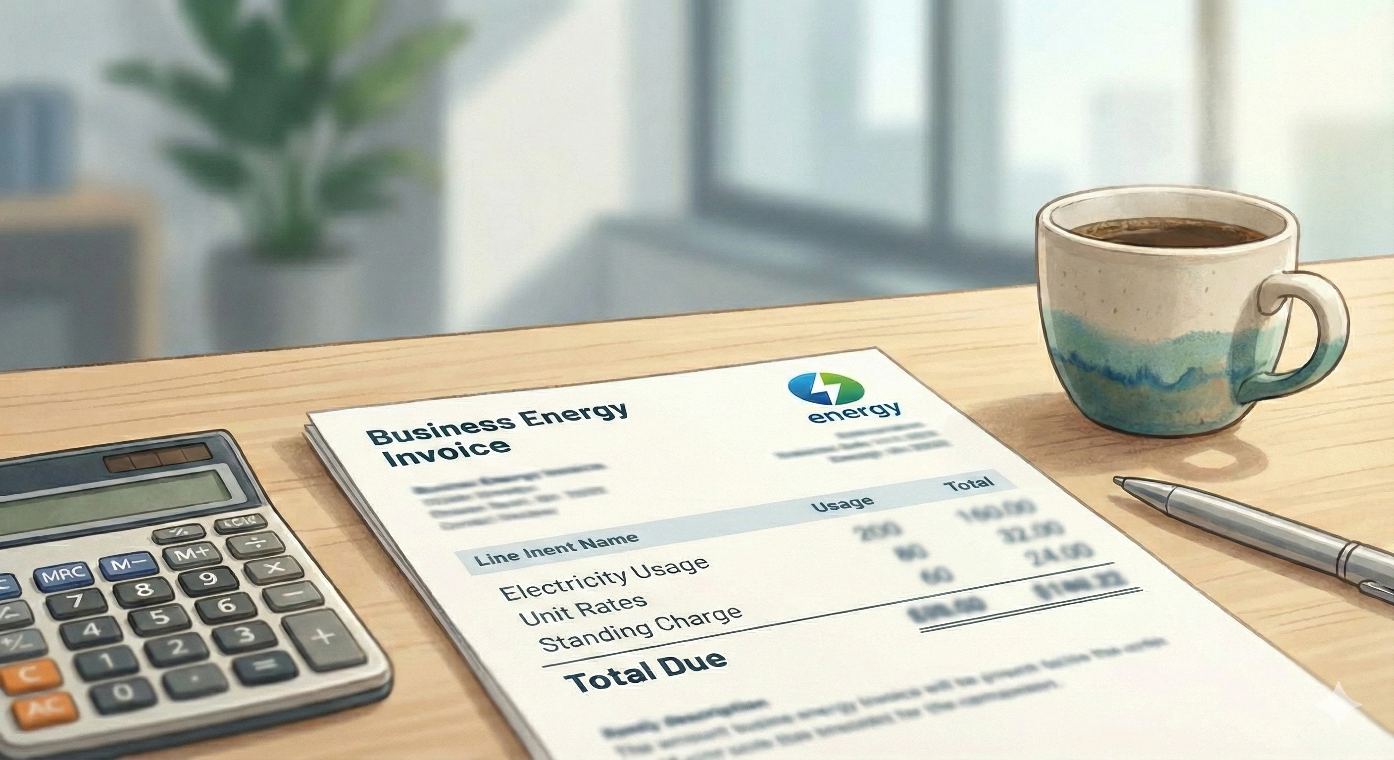 Annotated business energy bill showing labelled sections for unit rates, standing charges, pass-through costs, and VAT breakdown