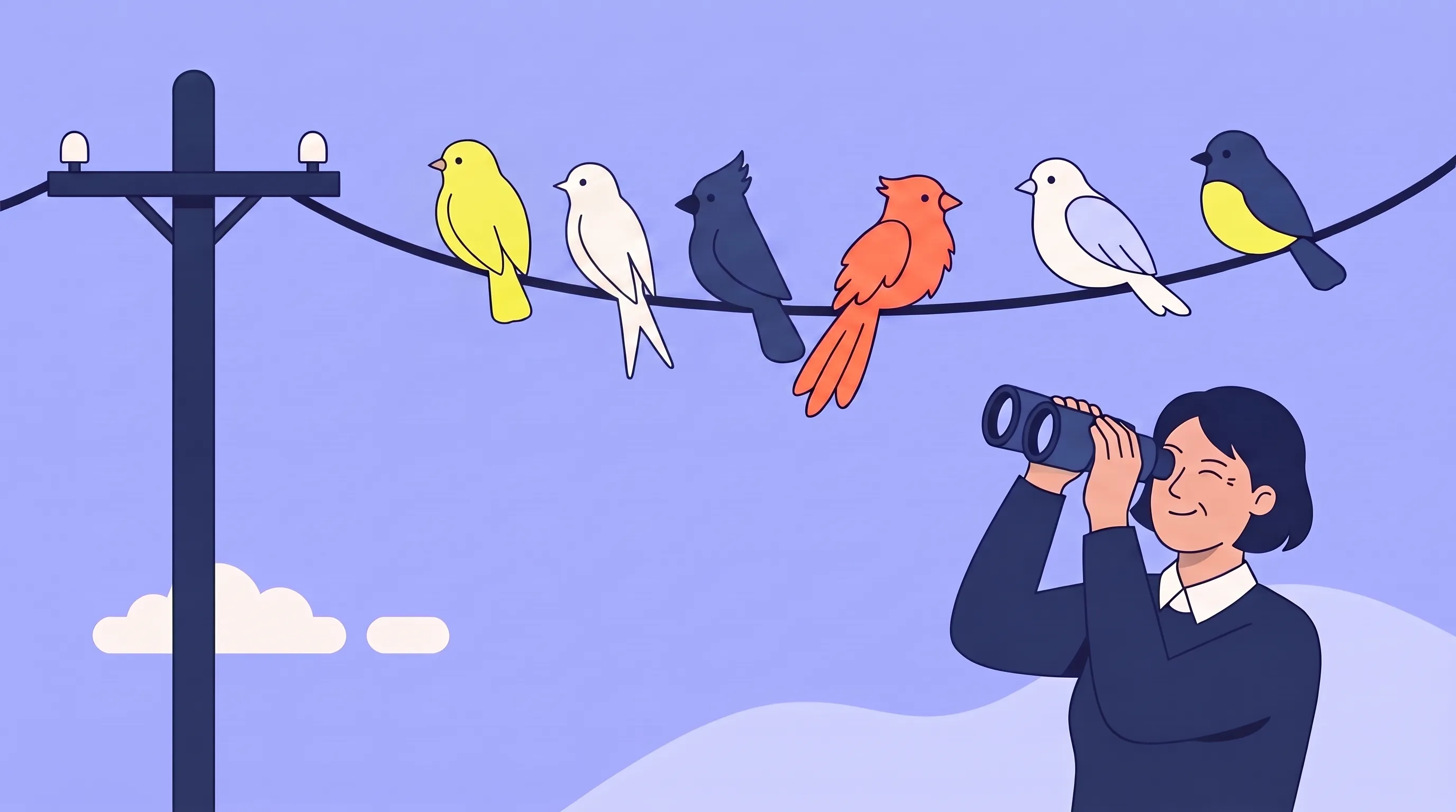 Flat illustration of a business owner with binoculars spotting the one coral bird facing the wrong way in a row of different birds on an electricity cable