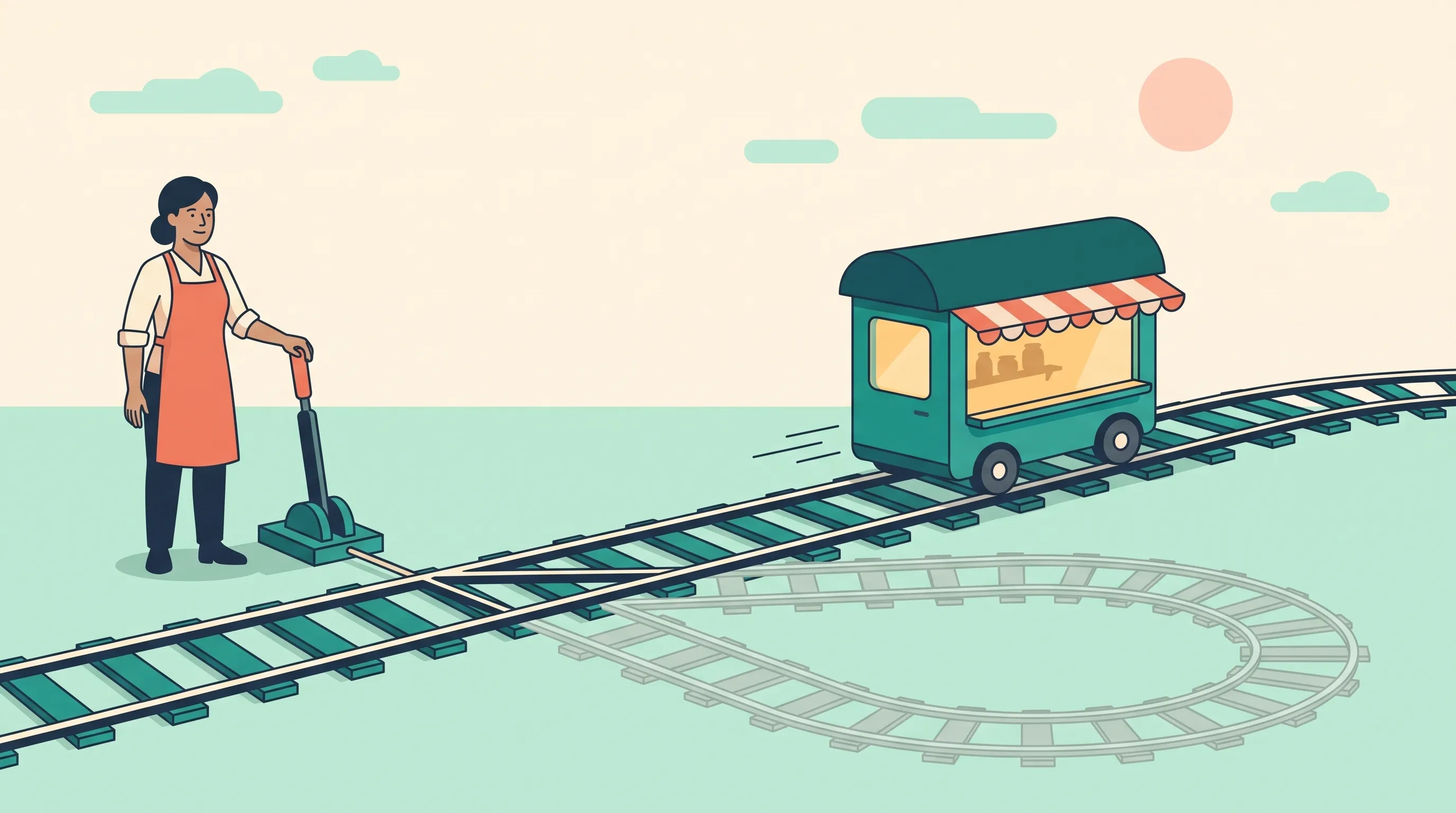 Flat illustration of a shop owner in a coral apron beside a railway lever, as her shop, a little teal carriage with its lights on, rolls along the line while the old track curls away into a faded loop