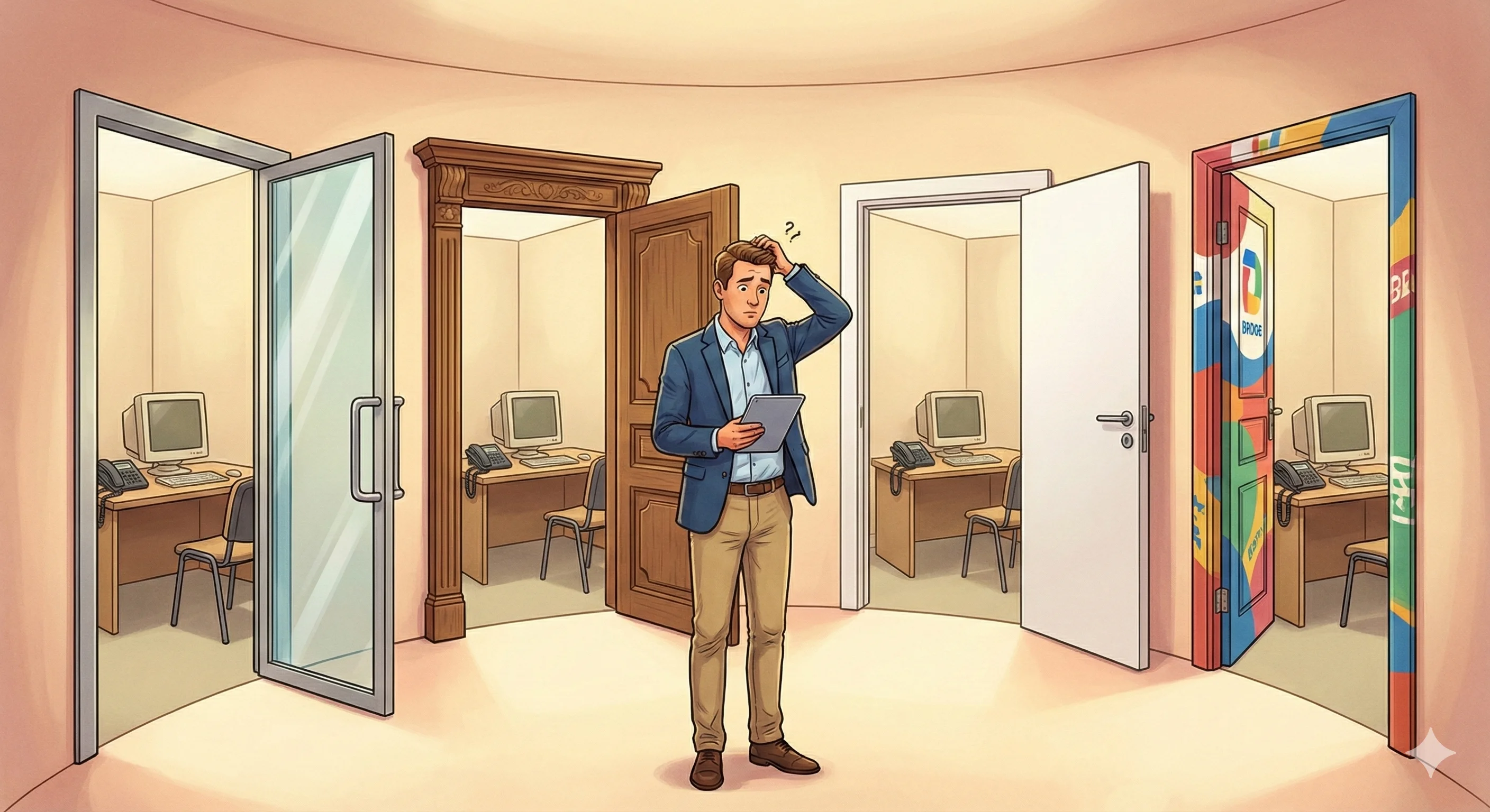 Illustration showing a business owner opening multiple different doors, all revealing the same room behind them