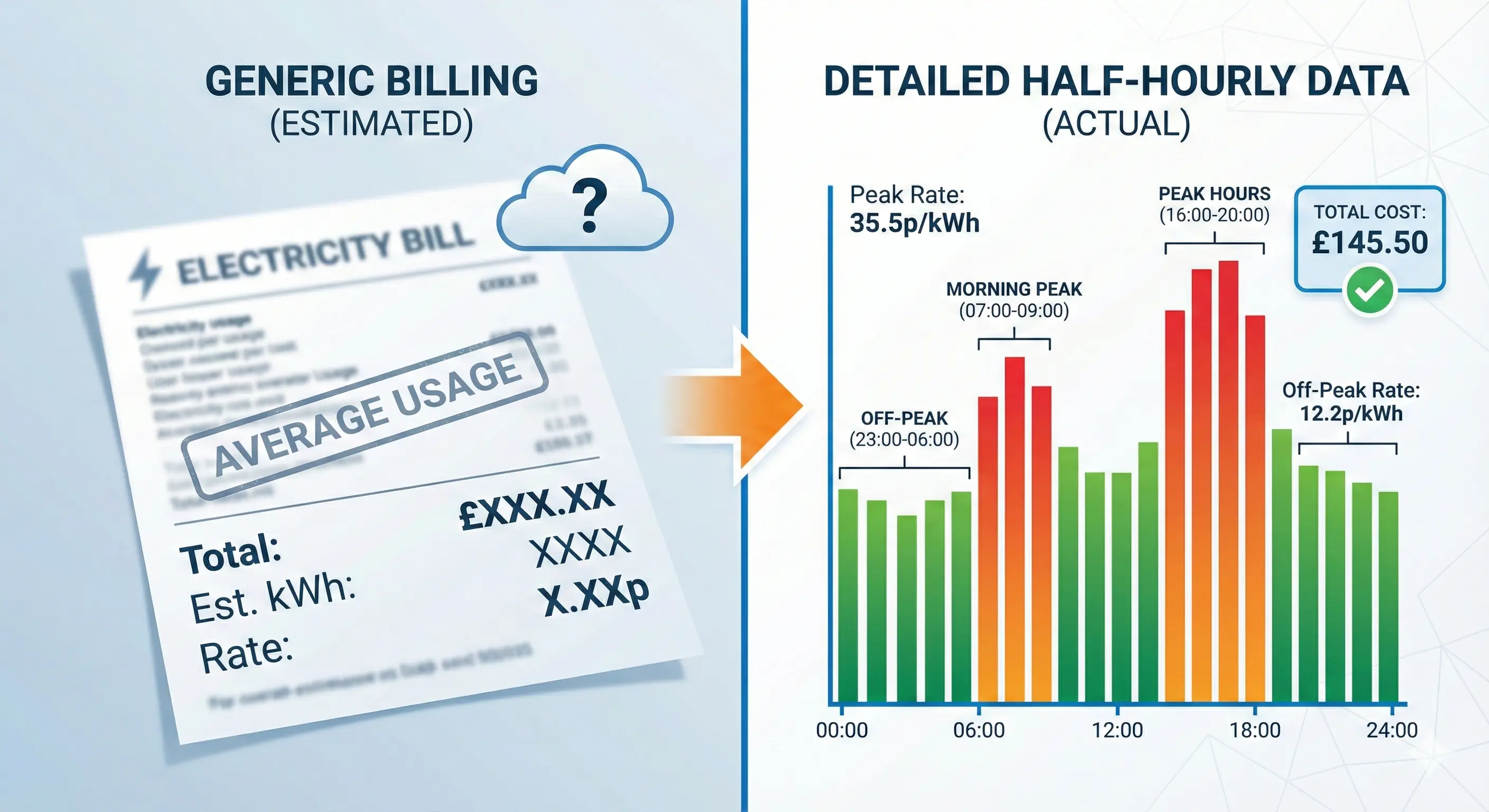 Split comparison showing an old estimated electricity bill being replaced by a detailed half-hourly usage chart with time-of-day pricing bands
