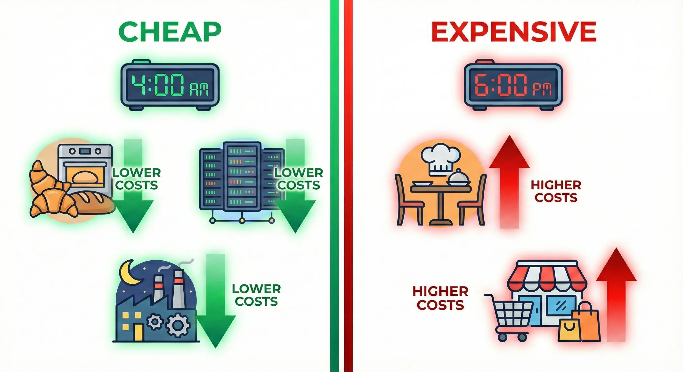Infographic showing cheap off-peak power periods versus expensive peak-time periods under MHHS, with time-of-day pricing bands