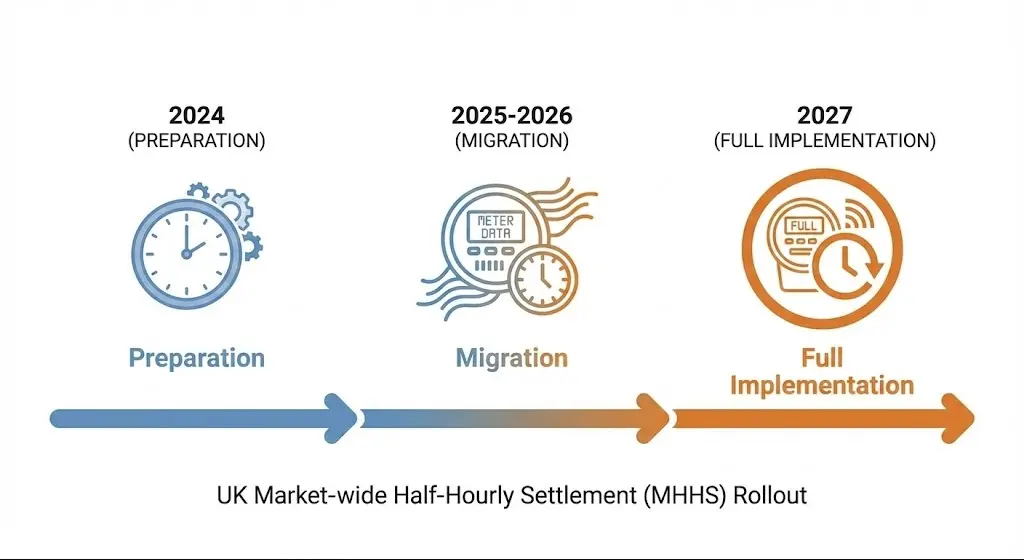 Timeline showing UK Market-wide Half-Hourly Settlement (MHHS) implementation from 2024 to 2027, affecting how businesses are billed for electricity