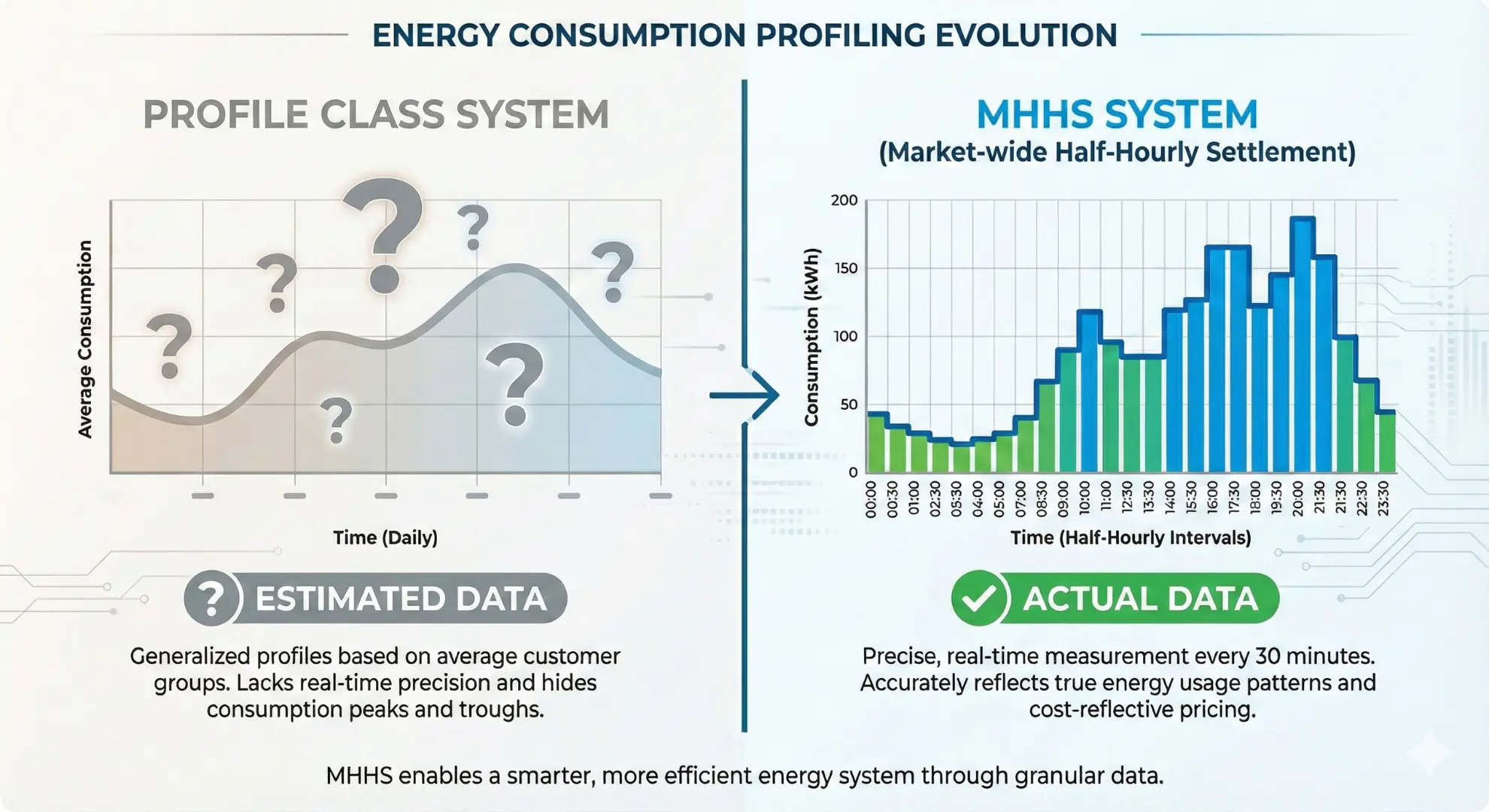 Comparison infographic showing the old Profile Class system with averaged usage estimates versus the new MHHS system with precise half-hourly consumption data