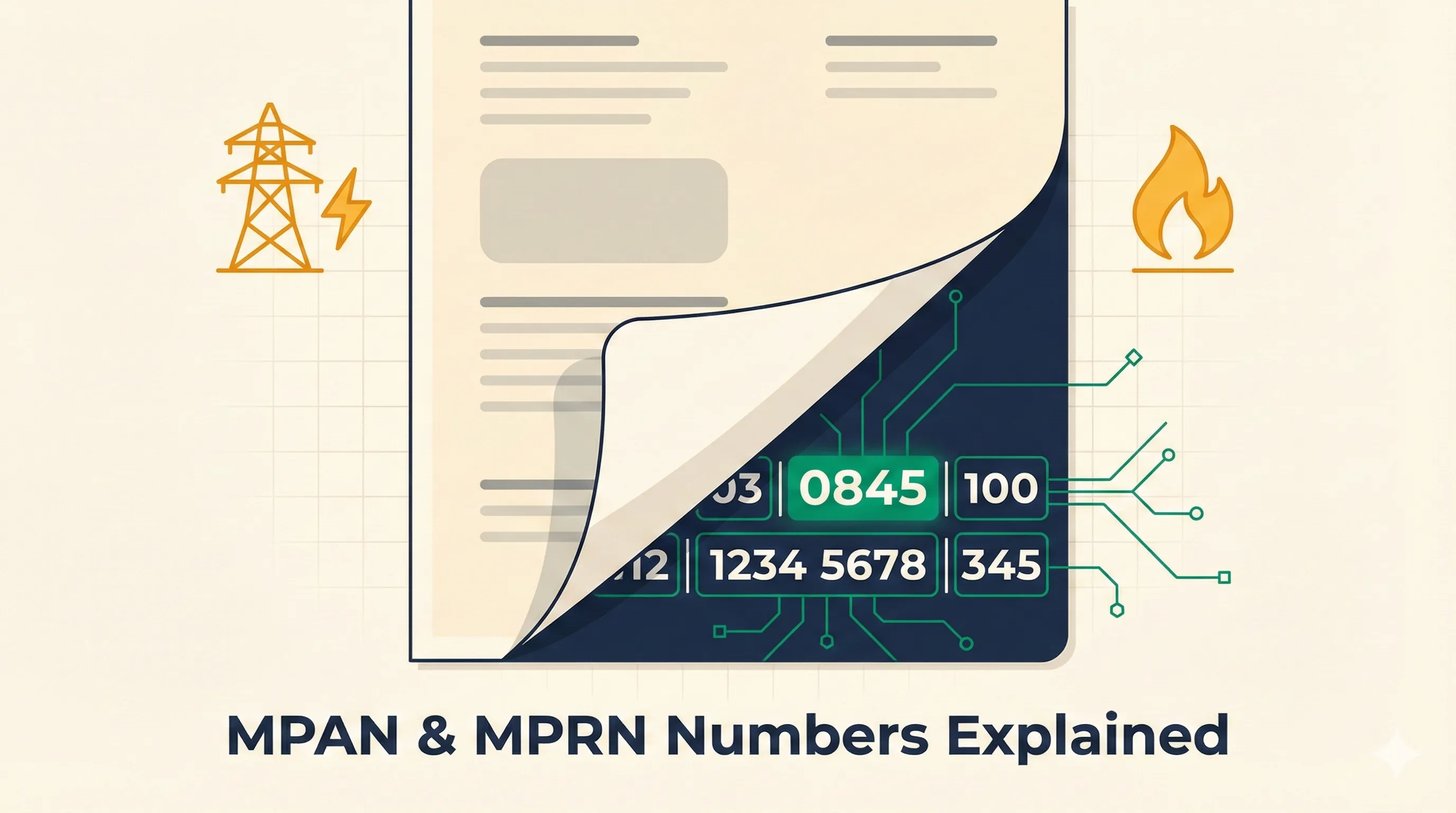 Flat vector illustration of an energy bill being peeled back to reveal MPAN number structure underneath