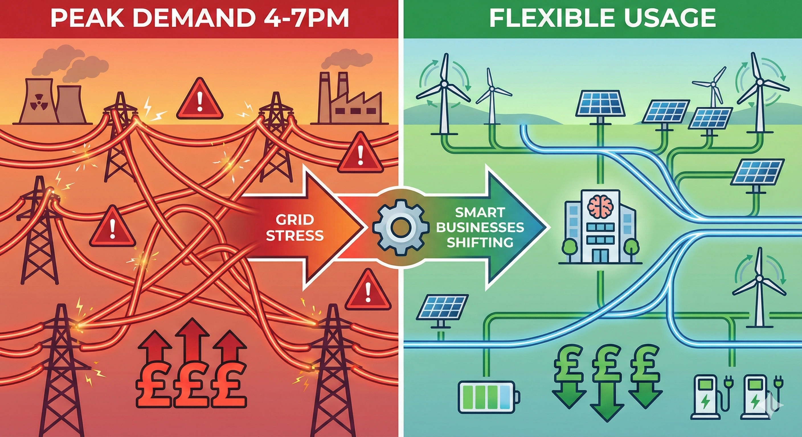Diagram showing peak demand stress on the grid versus flexible off-peak usage, with cost arrows indicating savings for flexible businesses