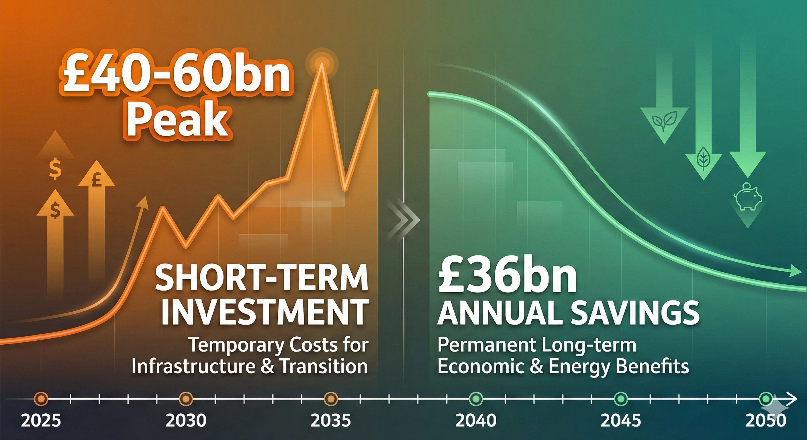 Comparison showing short-term investment costs versus long-term savings from Net Zero transition, with £36bn annual savings highlighted
