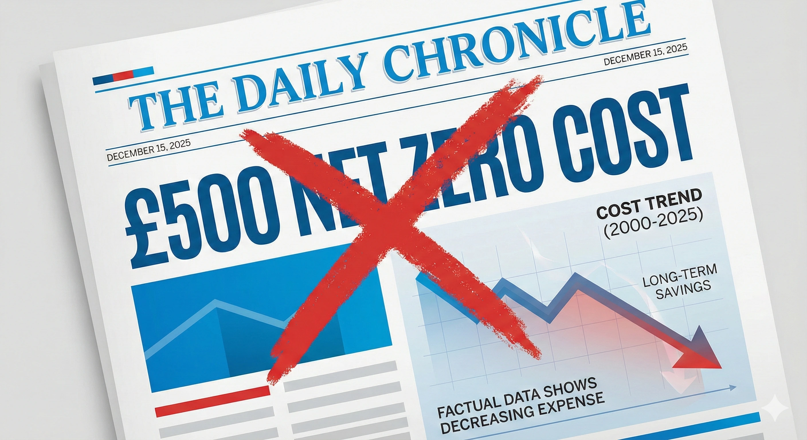Newspaper headline about £500 Net Zero costs being crossed out, with underlying data showing long-term savings from clean energy transition