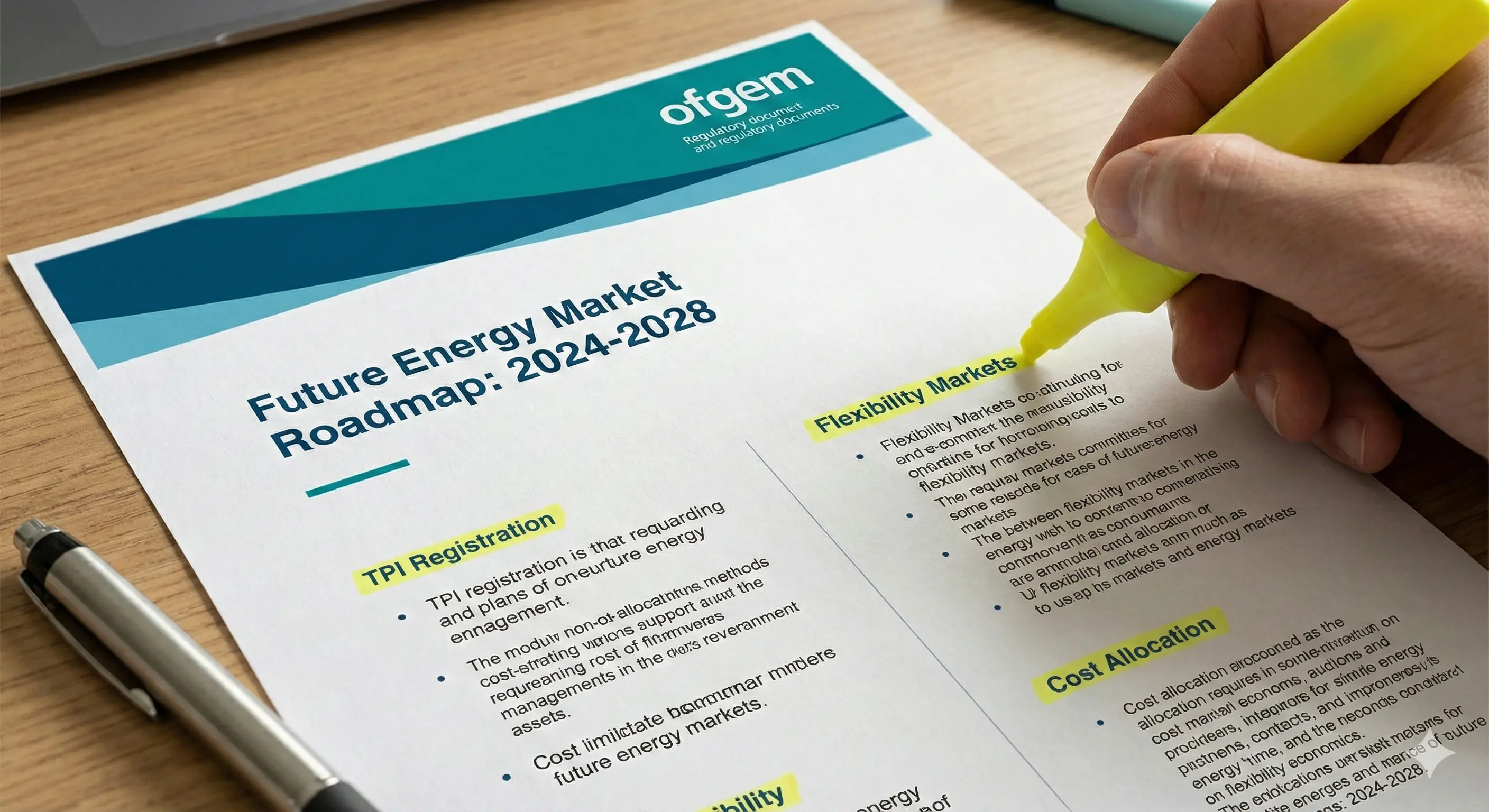 Ofgem regulatory roadmap document with highlighted sections on TPI registration, flexibility markets, and cost allocation reforms for 2026