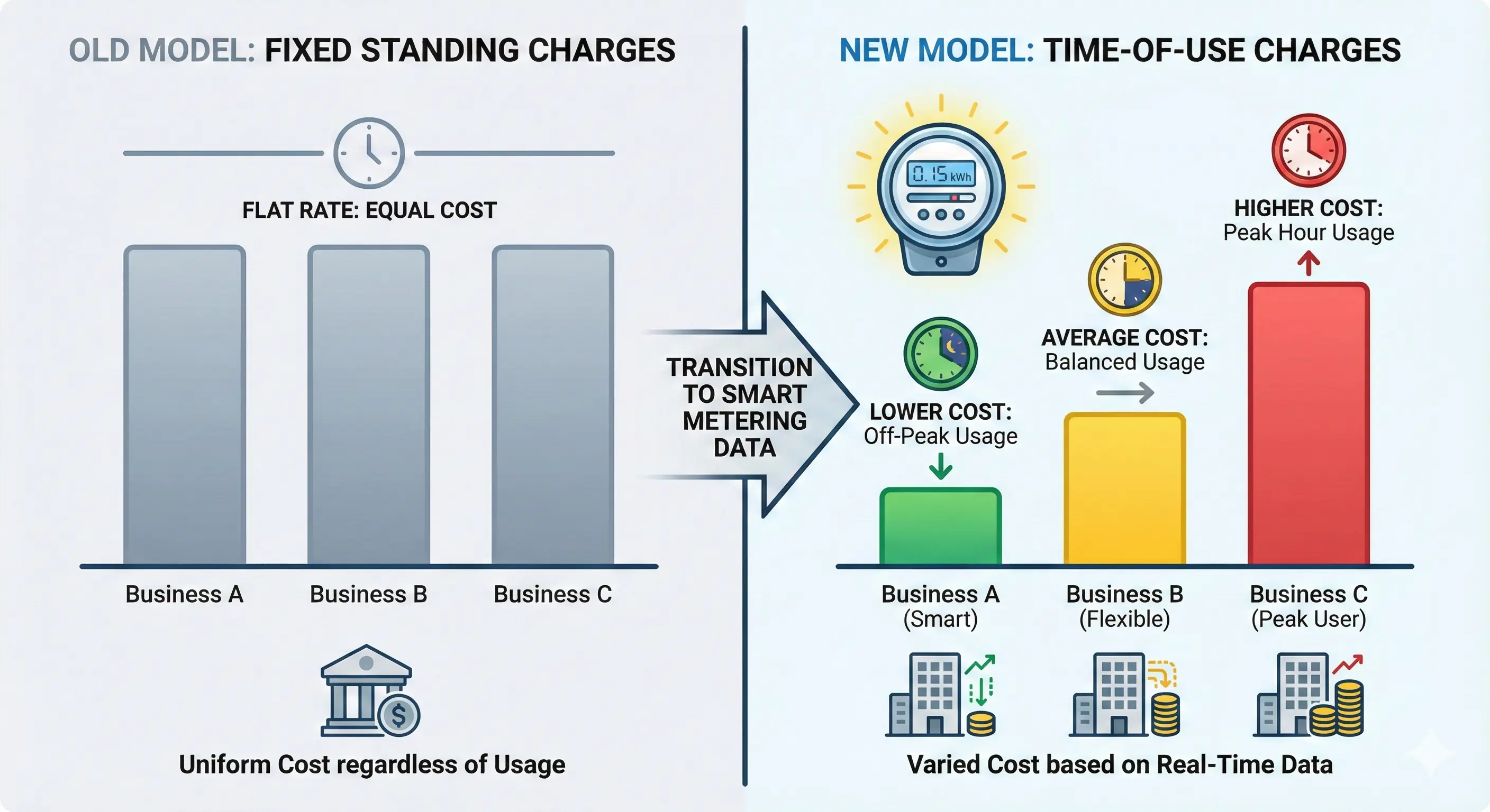 Diagram showing cost allocation shift from flat standing charges to data-driven time-of-use pricing, with winners and losers indicated