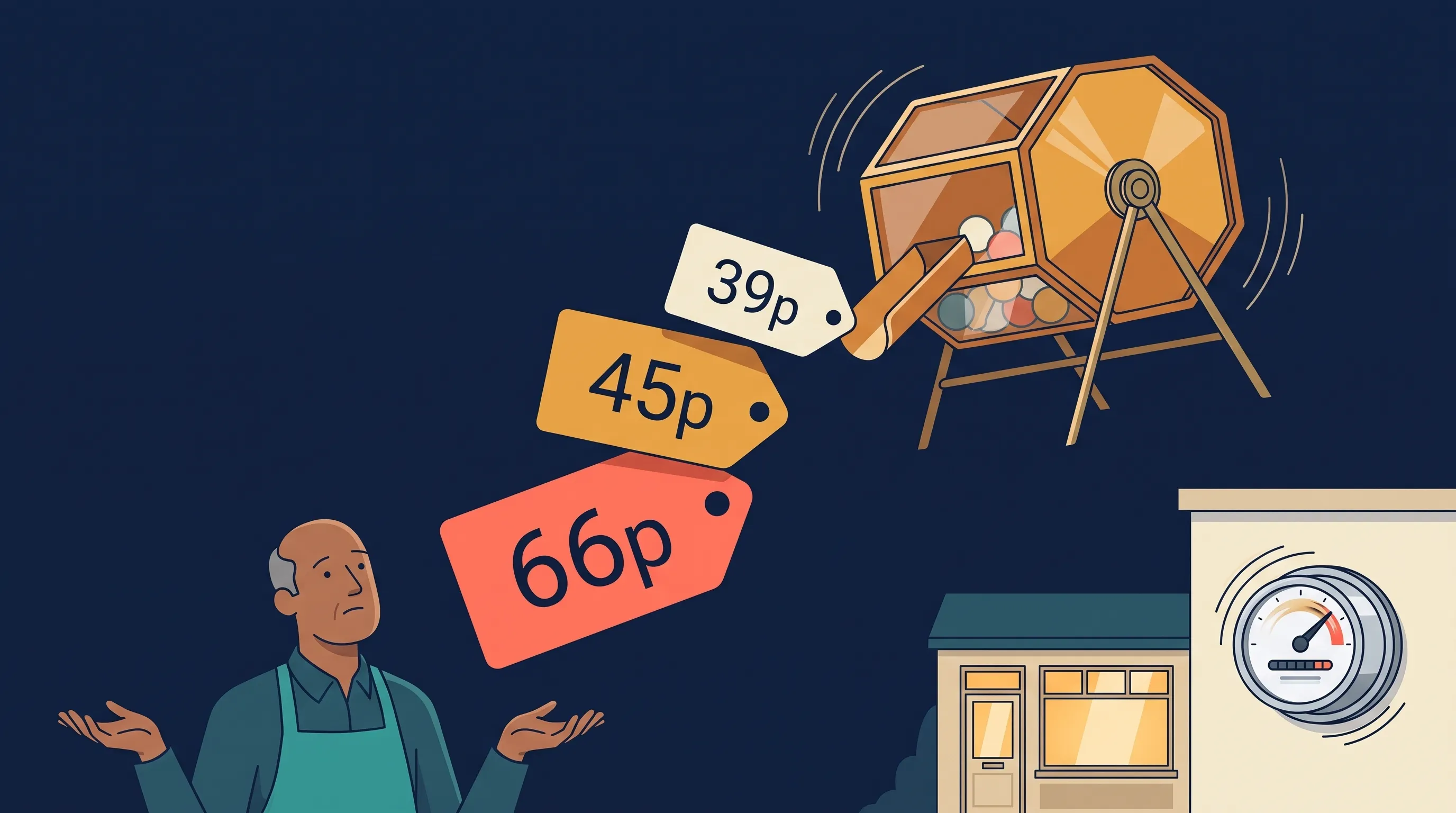 Flat-vector illustration of a bewildered cafe owner in a teal apron beneath a giant lottery tombola drum spitting out mismatched price tags of 39p, 45p and 66p, while the electricity meter on their glowing shopfront spins - the out-of-contract rates lottery a business never chose to enter