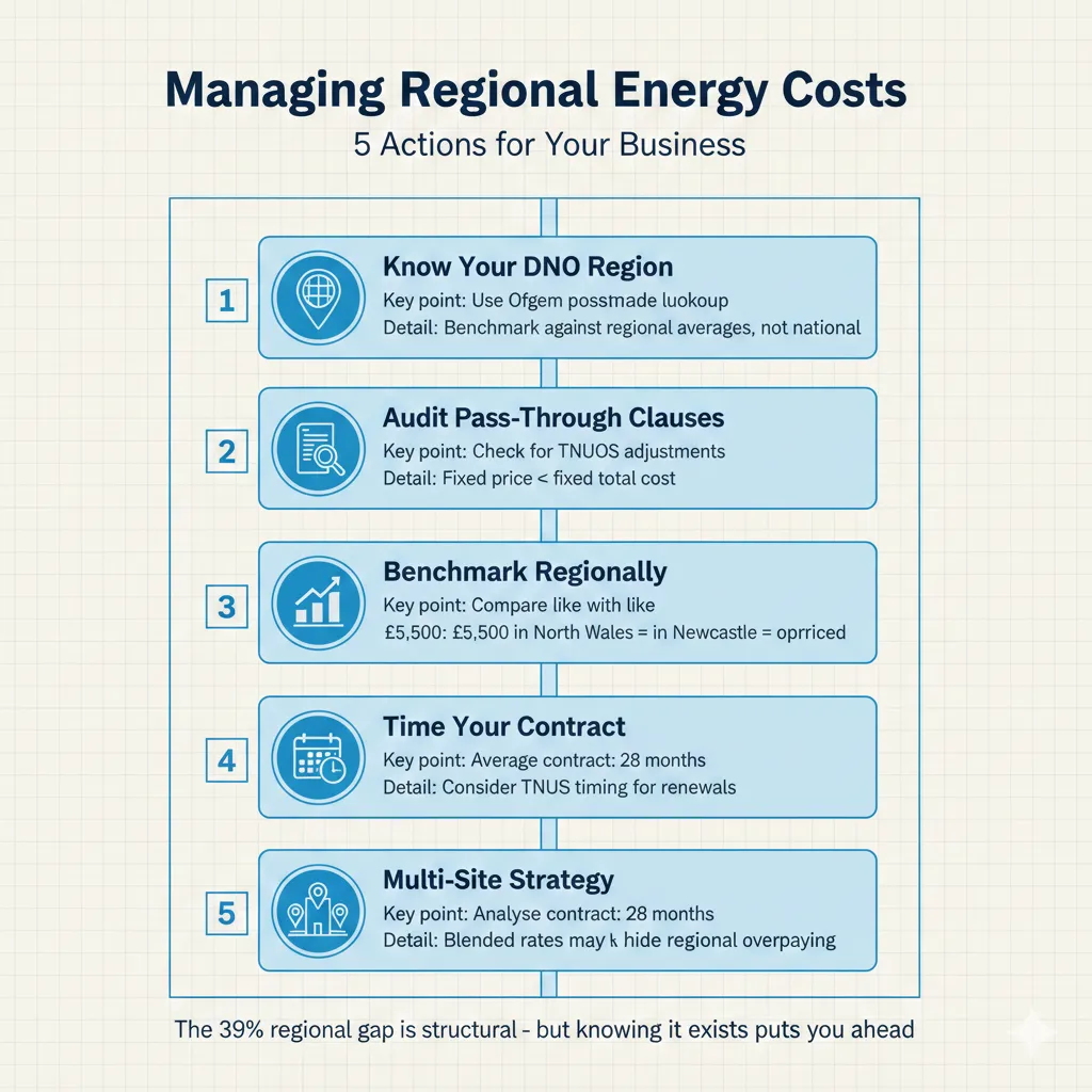 Infographic checklist showing 5 actions for managing regional business energy costs: know your DNO region, audit pass-through clauses, benchmark regionally, time your contract, and analyse multi-site costs
