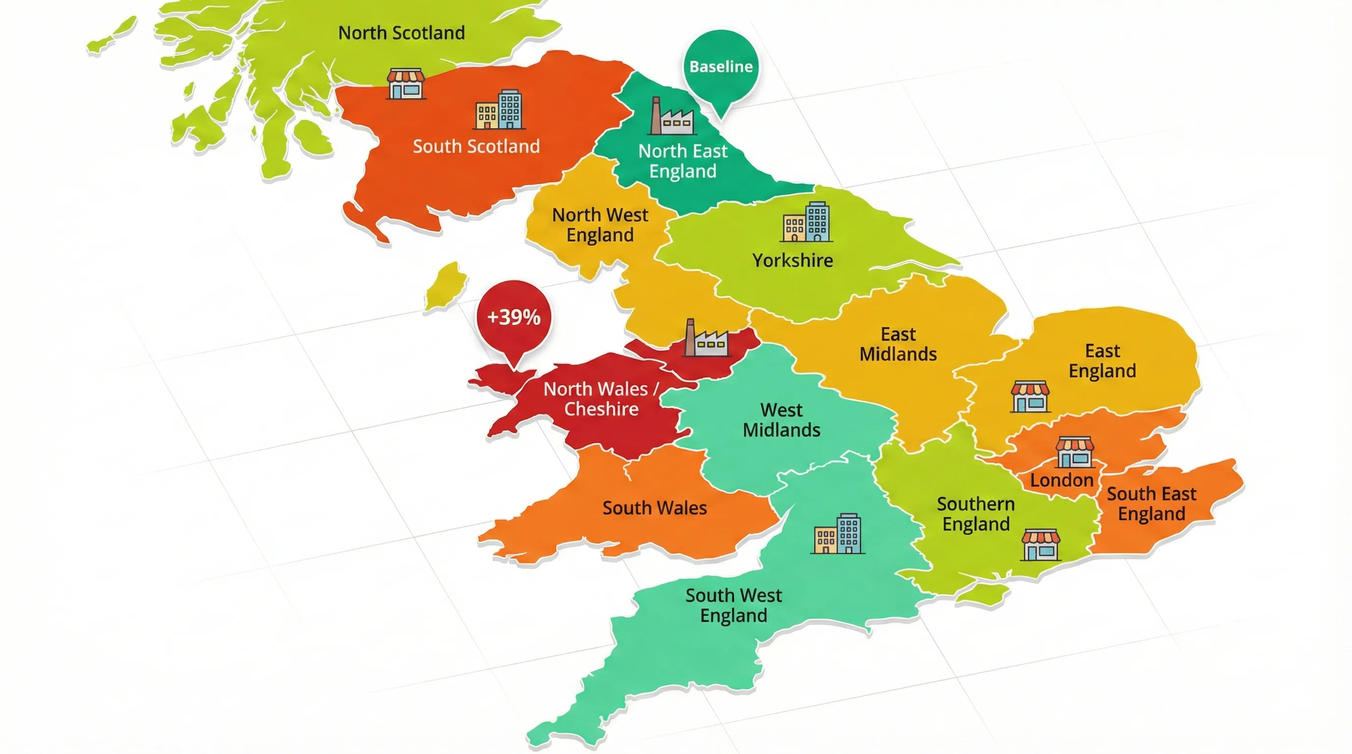 Map of UK showing regional business energy price variations with heat map colouring from green (cheapest) to red (most expensive)