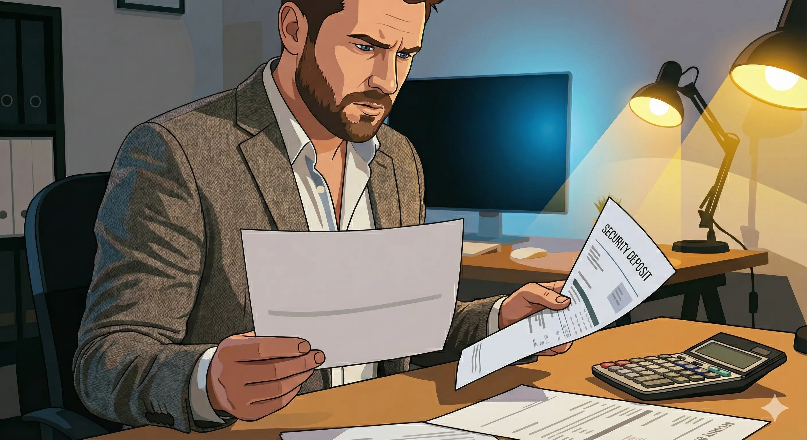 Small business owner at desk reviewing energy supplier contract documents with calculator, paperwork showing deposit requirements and cash flow calculations spread across the workspace