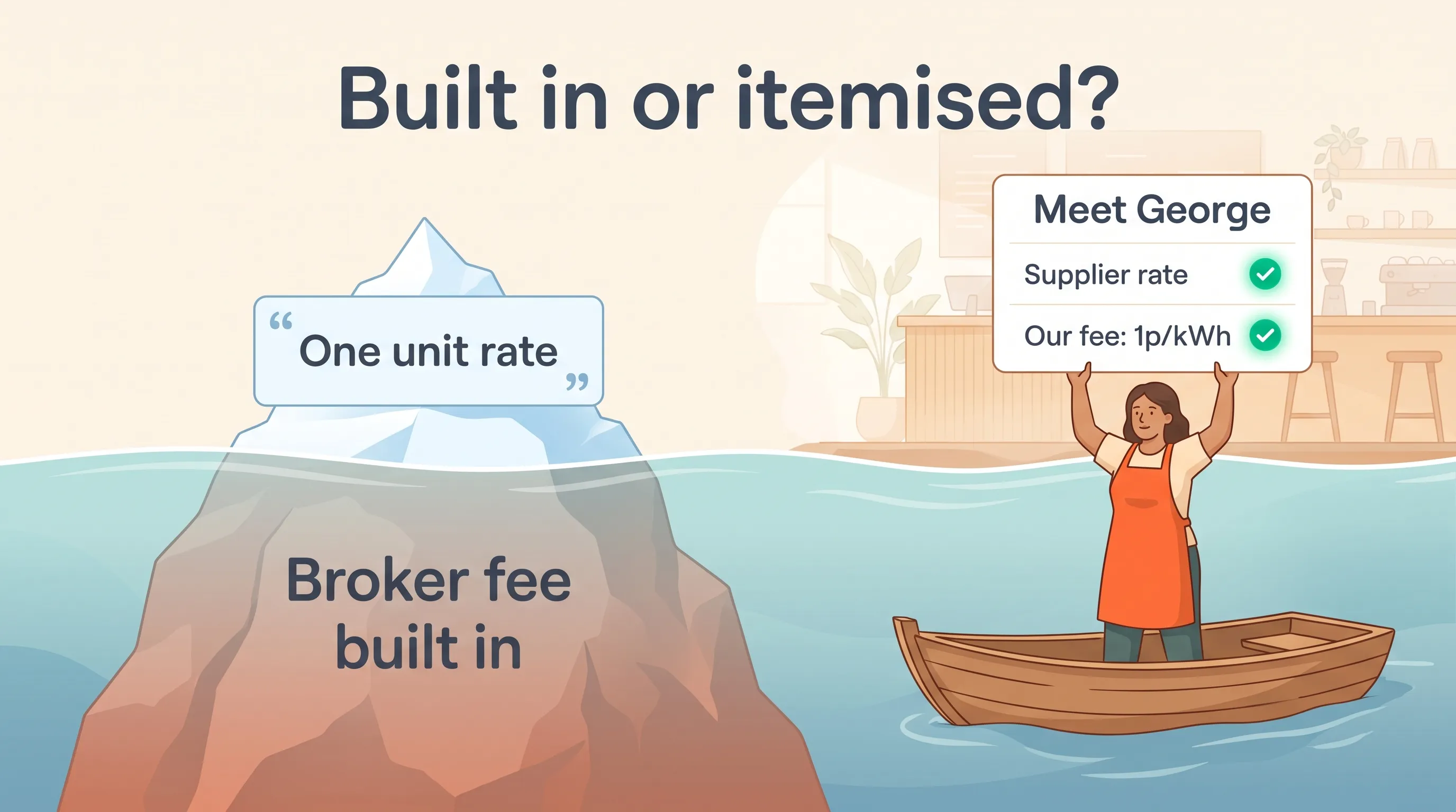 Iceberg illustration titled Built in or itemised?: a broker quote shows one unit rate above the water while the broker fee is built in below the surface; beside it, a business owner in an orange apron stands in a small boat holding up a Meet George quote card, fully above water, showing the supplier rate and our fee of 1p/kWh as separate lines