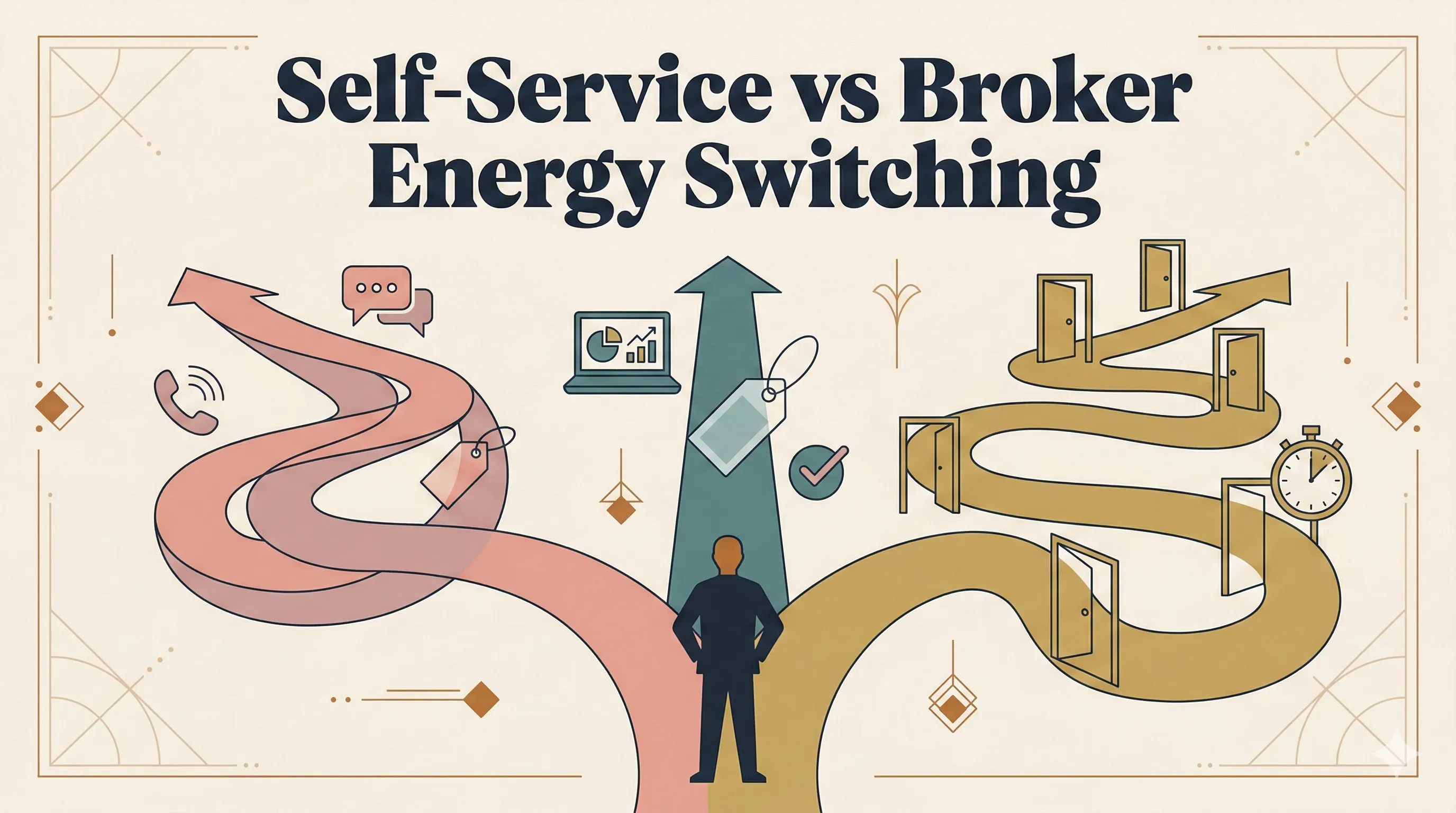 Illustration showing three diverging paths representing broker-assisted, self-service, and direct-to-supplier business energy switching options