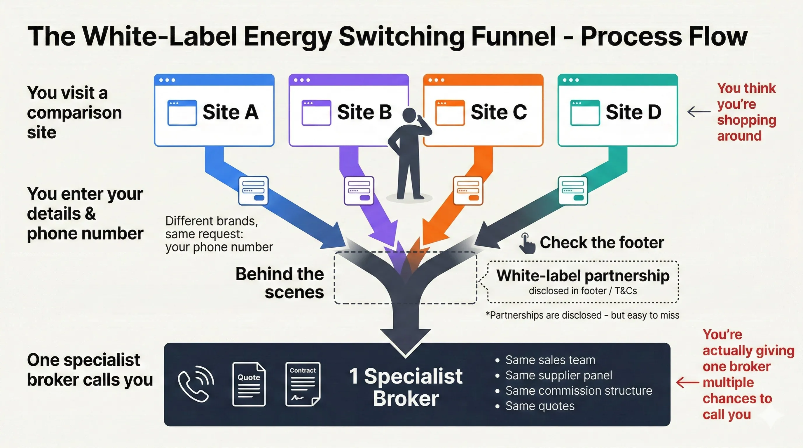 Flowchart showing how multiple comparison sites funnel to one specialist broker - Sites A, B, C and D all route through a white-label partnership to the same sales team, supplier panel, and commission structure