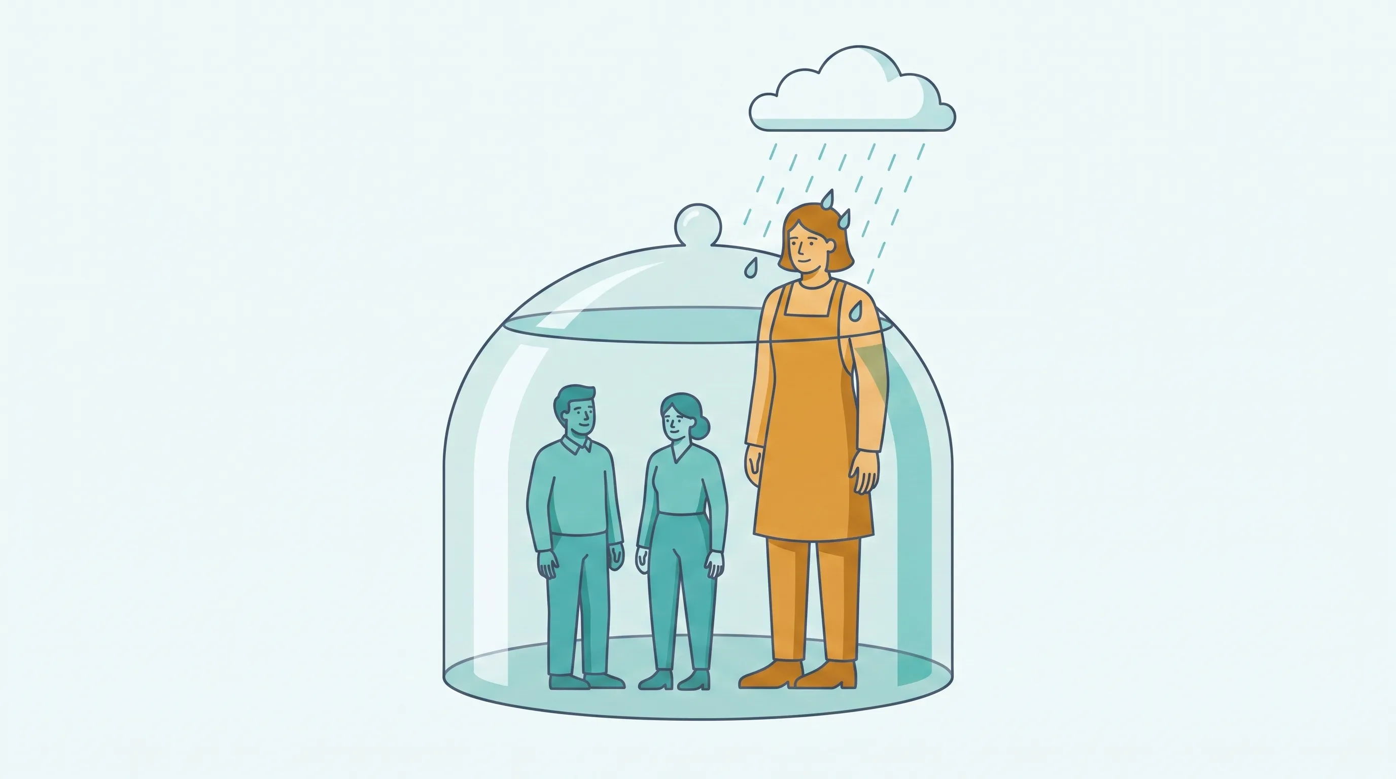 Flat-vector illustration: two small-business owners stand safely dry inside a glass protection dome while a third, grown taller, has their head and shoulders exposed above the dome rim catching rain - a metaphor for outgrowing your microbusiness energy protections.