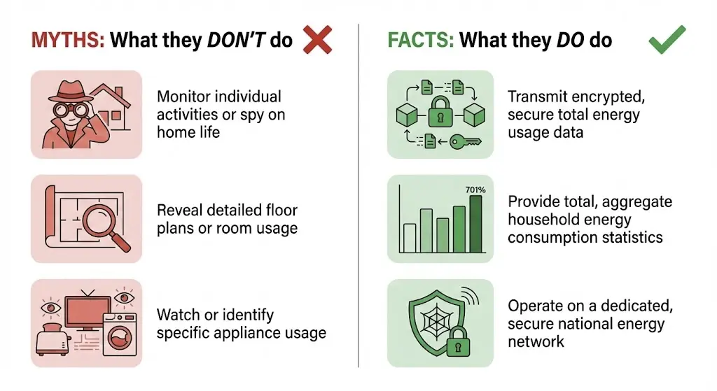 Infographic debunking smart meter privacy myths: smart meters measure total consumption, not individual appliances, and use encrypted networks