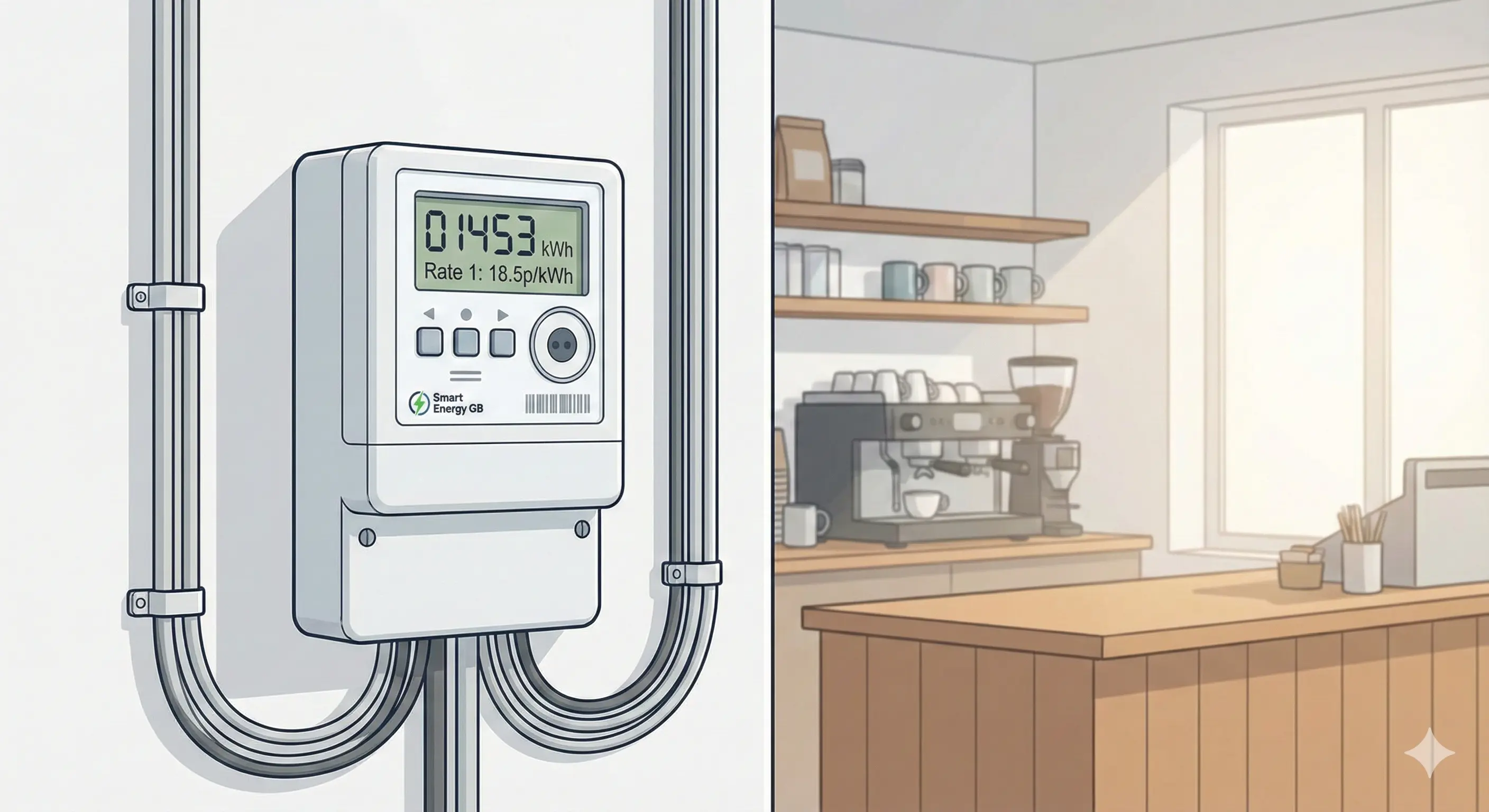 Smart electricity meter installed in a UK small business, showing digital energy consumption display