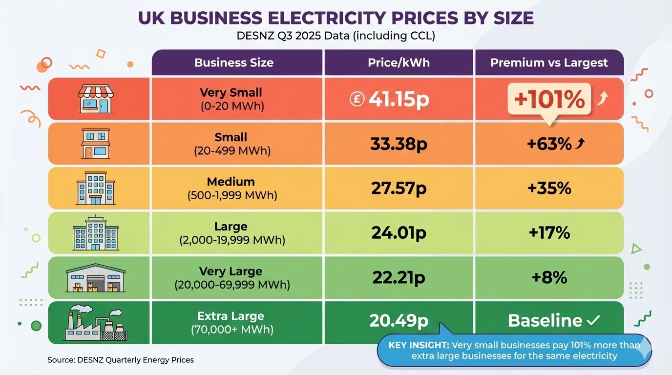 UK business electricity prices by size - DESNZ Q3 2025 data showing very small businesses pay 41.15p/kWh (+101%) compared to extra large businesses at 20.49p/kWh baseline