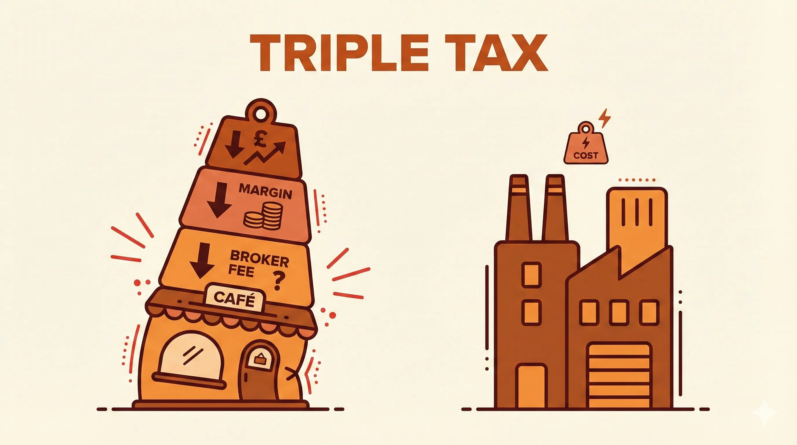 Illustration showing the triple tax burden on small businesses - a café crushed under stacked costs while a factory stands unburdened