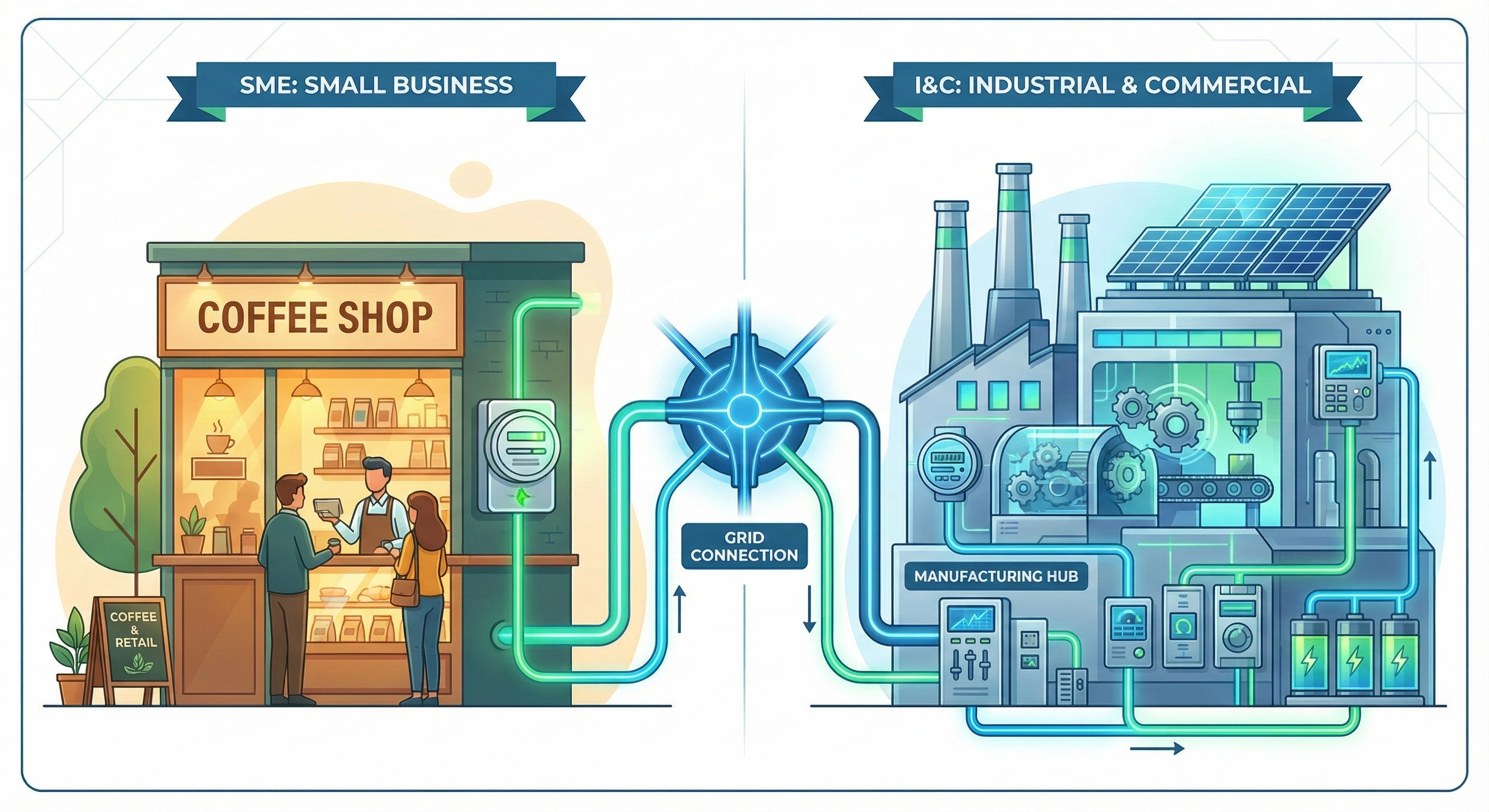 Split illustration comparing a simple SME coffee shop with a single meter versus a complex industrial factory with solar panels, battery storage and multiple meters