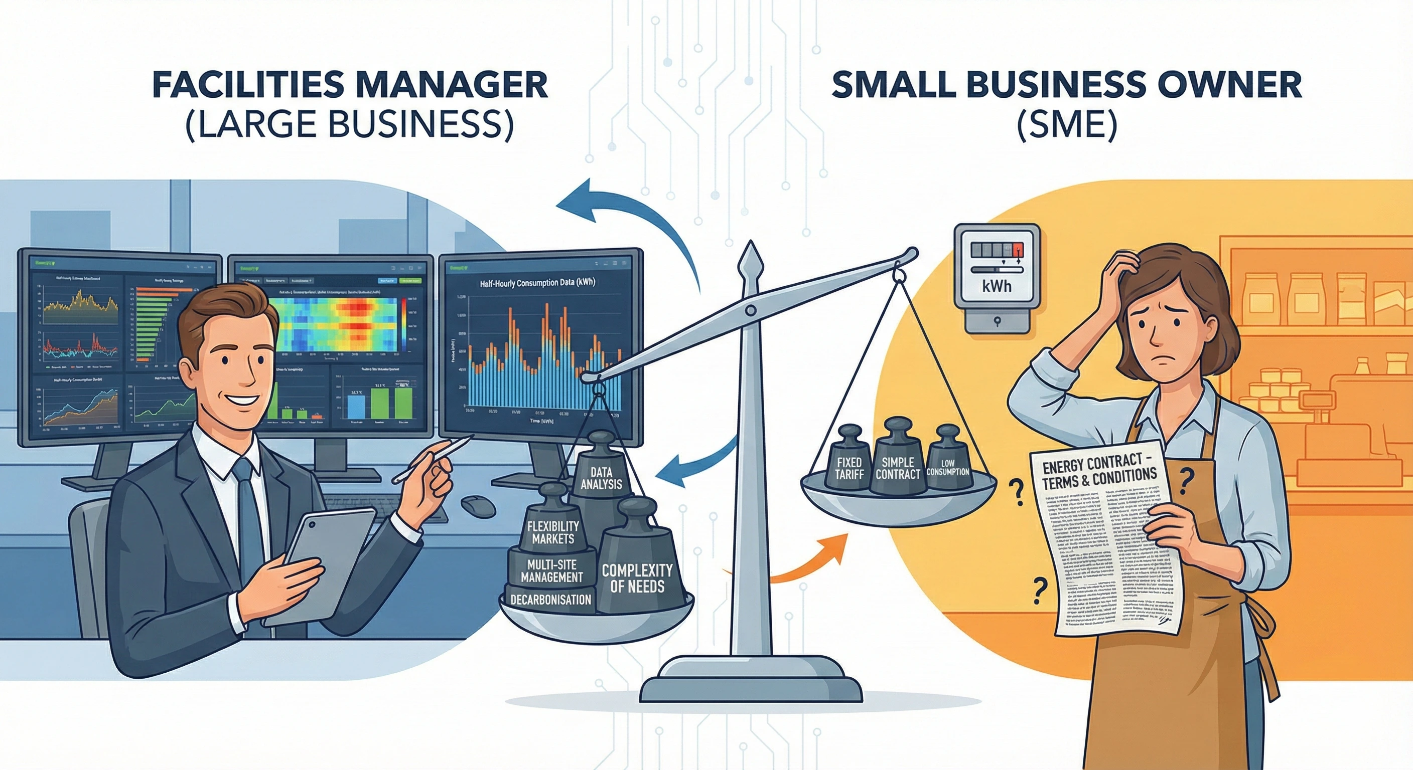 Facilities manager with energy dashboards compared to confused SME owner with energy contract, illustrating the sophistication gap in energy needs