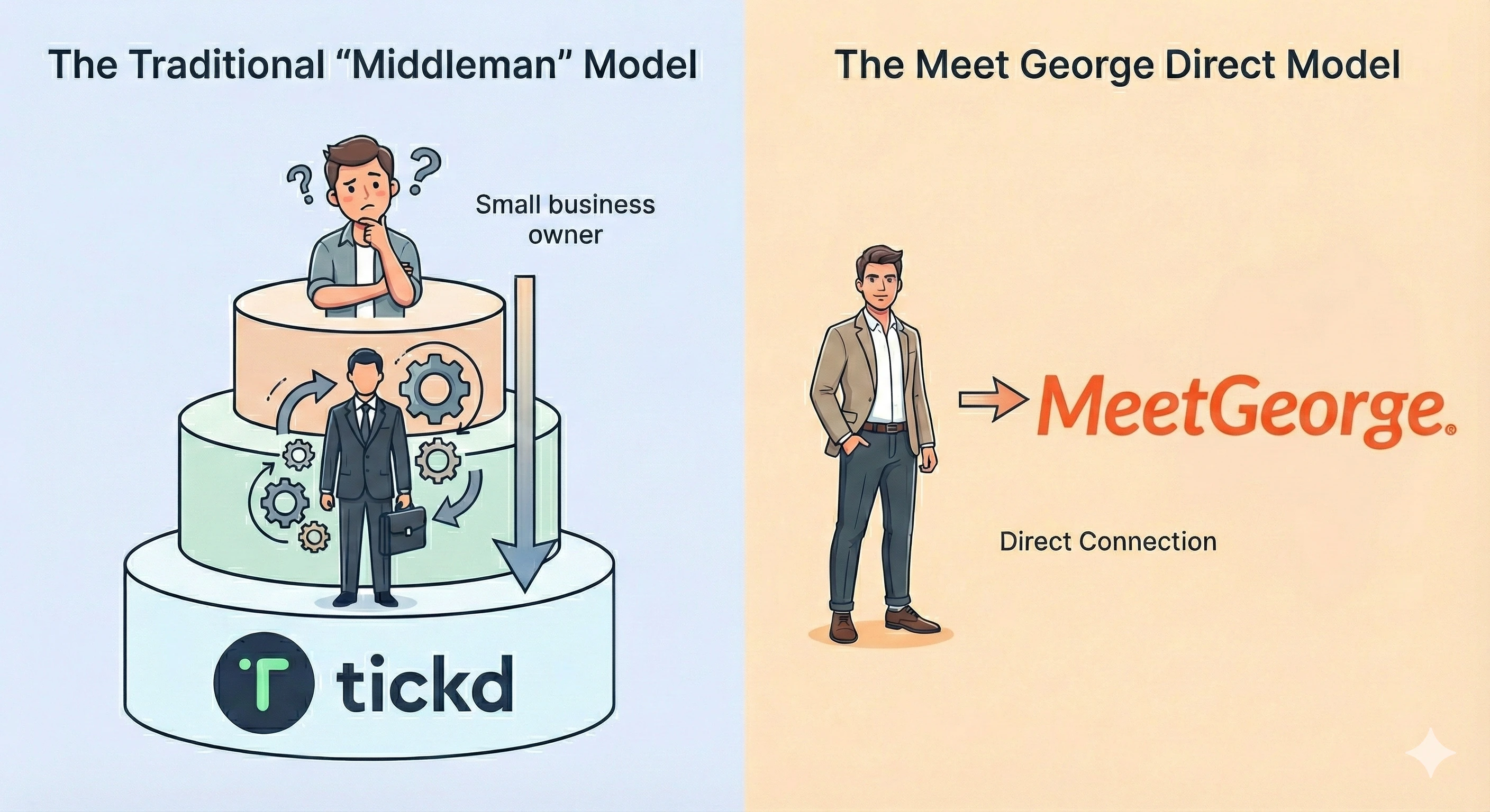 Layered diagram showing Tickd's three-tier broker model versus Meet George's direct SME connection, highlighting the middleman problem in business energy switching