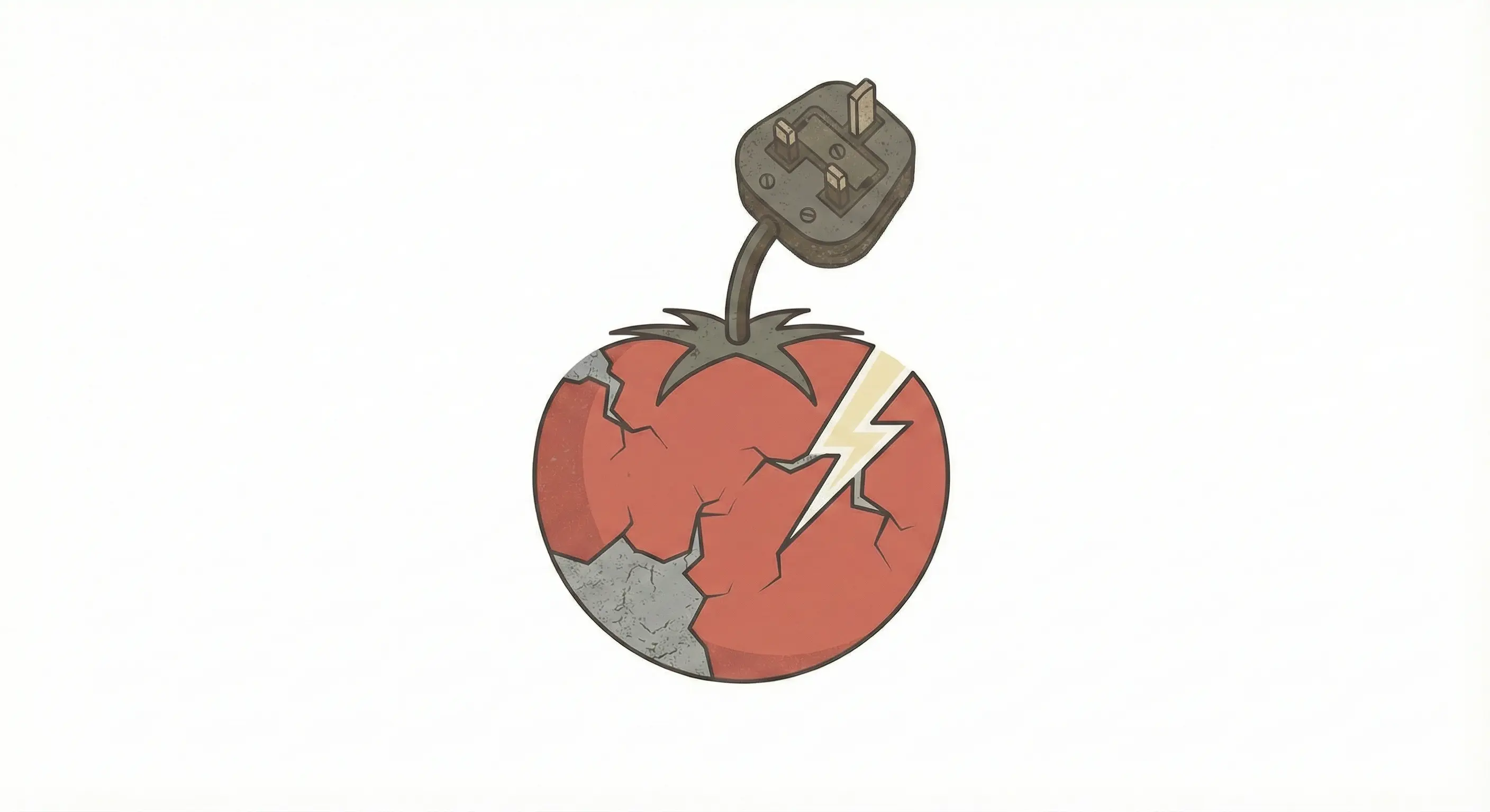 Stylised broken tomato with electrical plug representing the Tomato Energy supplier collapse case study