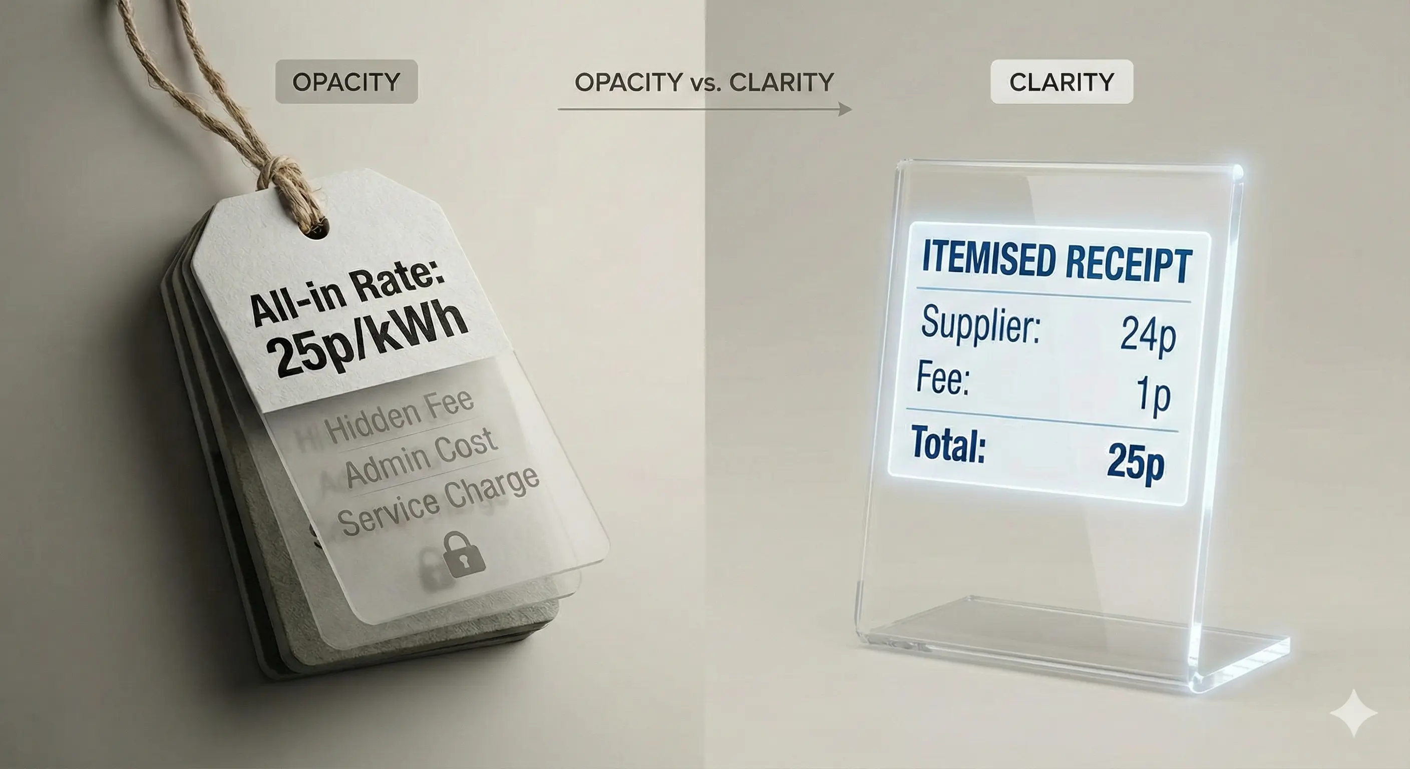 Two price displays comparing hidden commission in total rate versus itemised transparent pricing