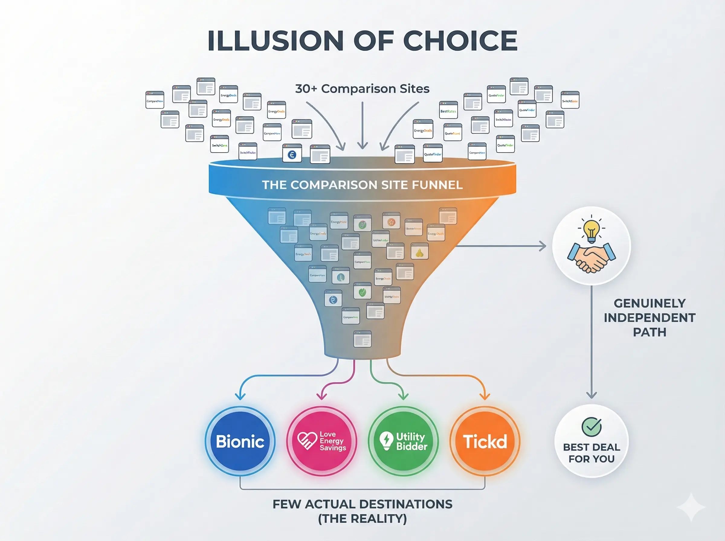 Funnel diagram showing 20+ online comparison sites narrowing down to just 4 broker networks controlling UK business energy switching