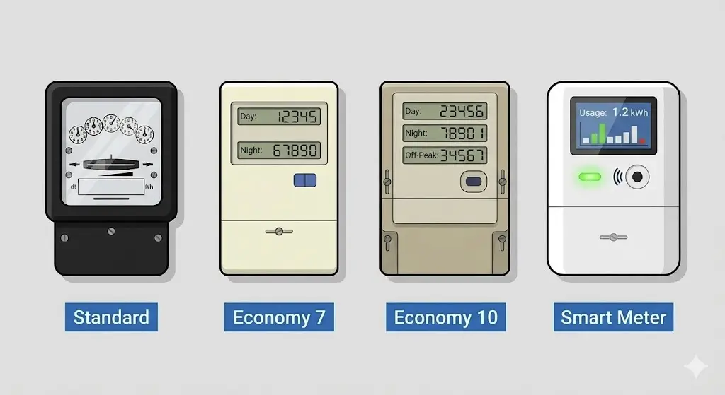 Comparison of UK business electricity meter types: standard analogue, Economy 7, Economy 10, and smart meter with half-hourly data capability