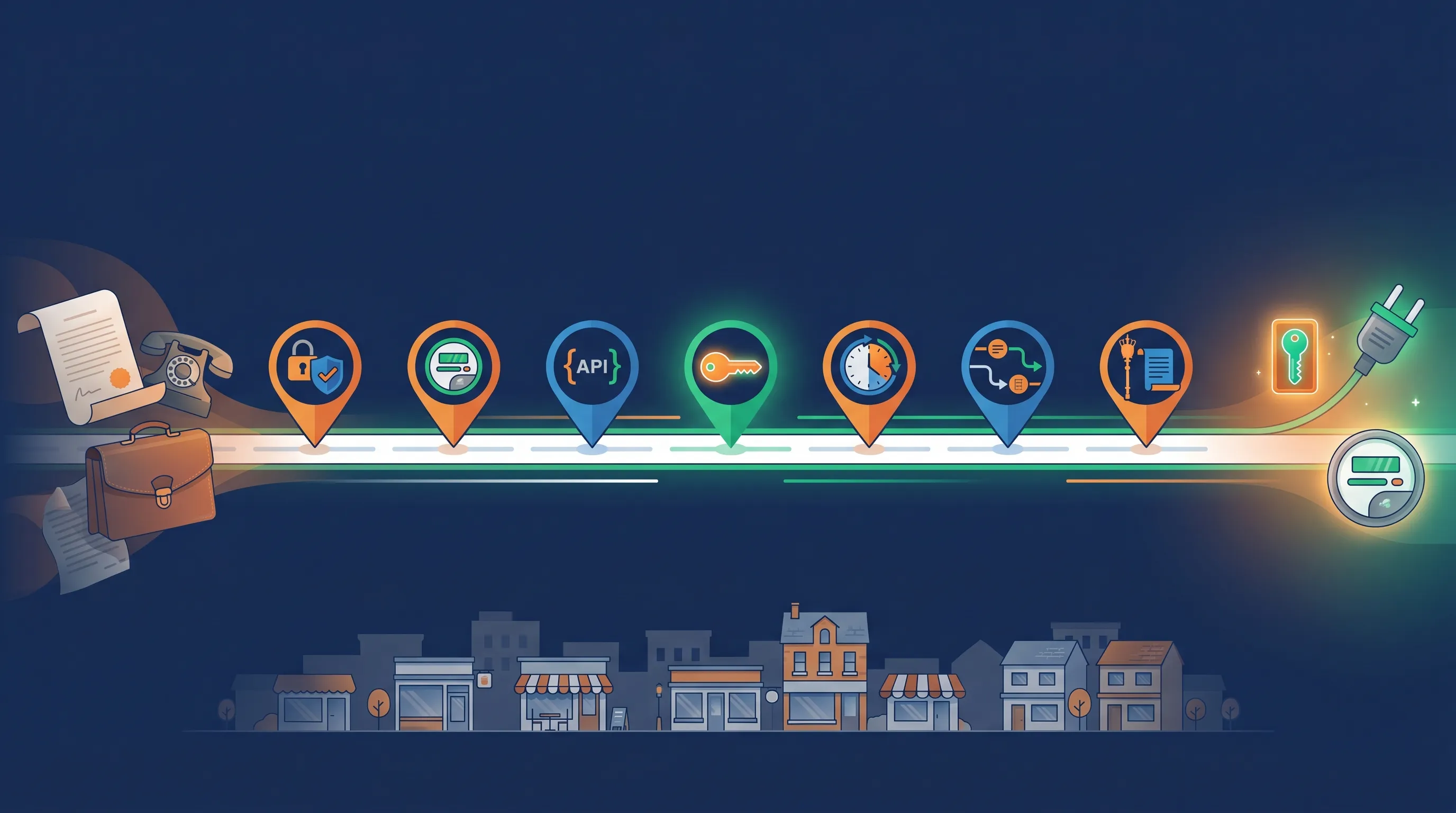 Editorial illustration of a 2026-2027 timeline showing seven distinct regulatory landings reshaping UK energy, each marked by a dated icon and labelled with a short description of the change