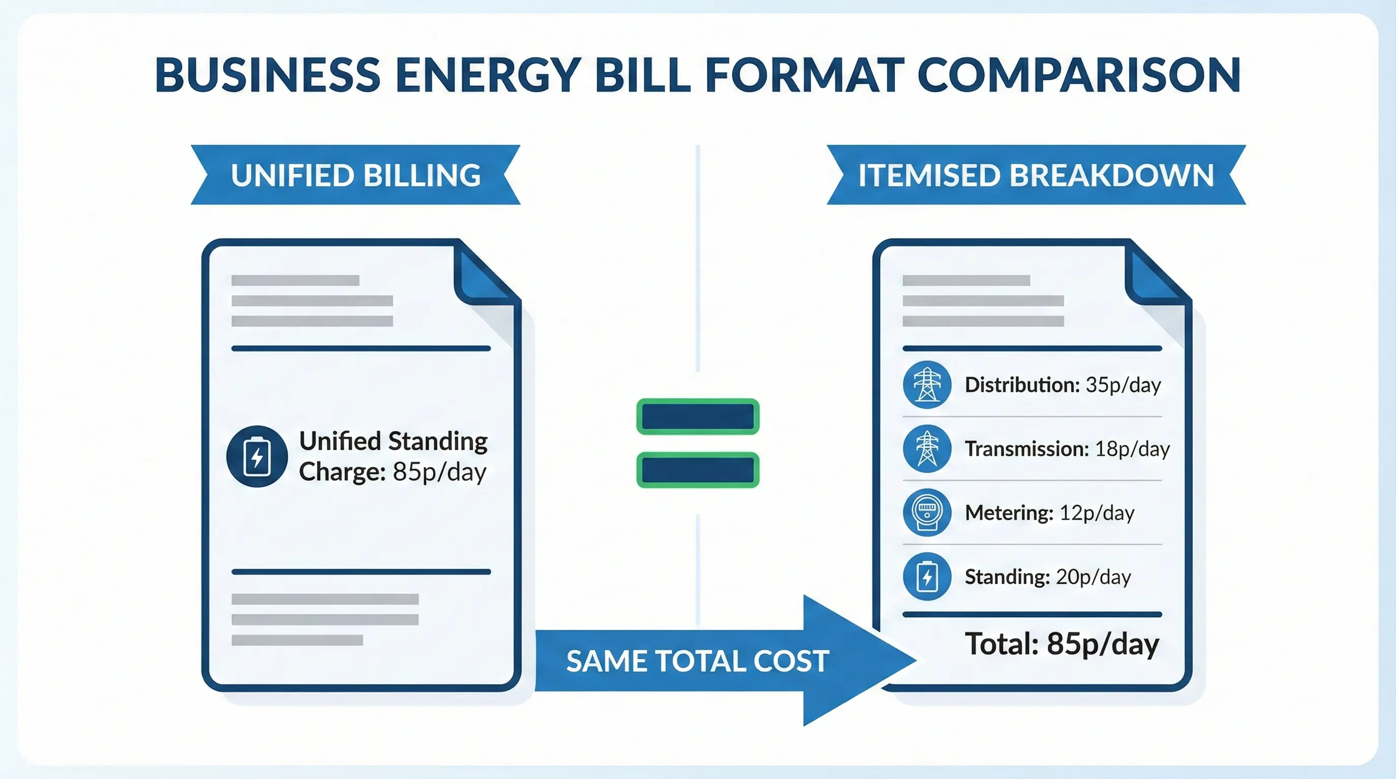 Side-by-side comparison of unified versus itemised standing charge presentation on business energy bills