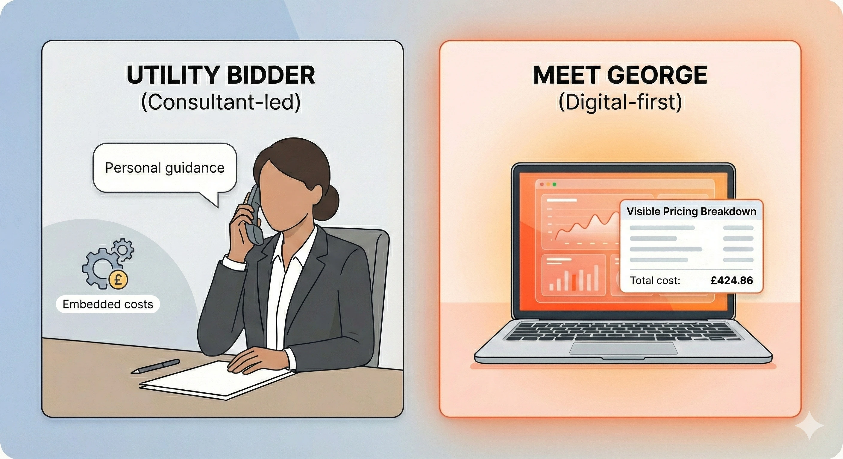 Visual showing the trade-offs between personal broker guidance with hidden fees versus self-service transparency
