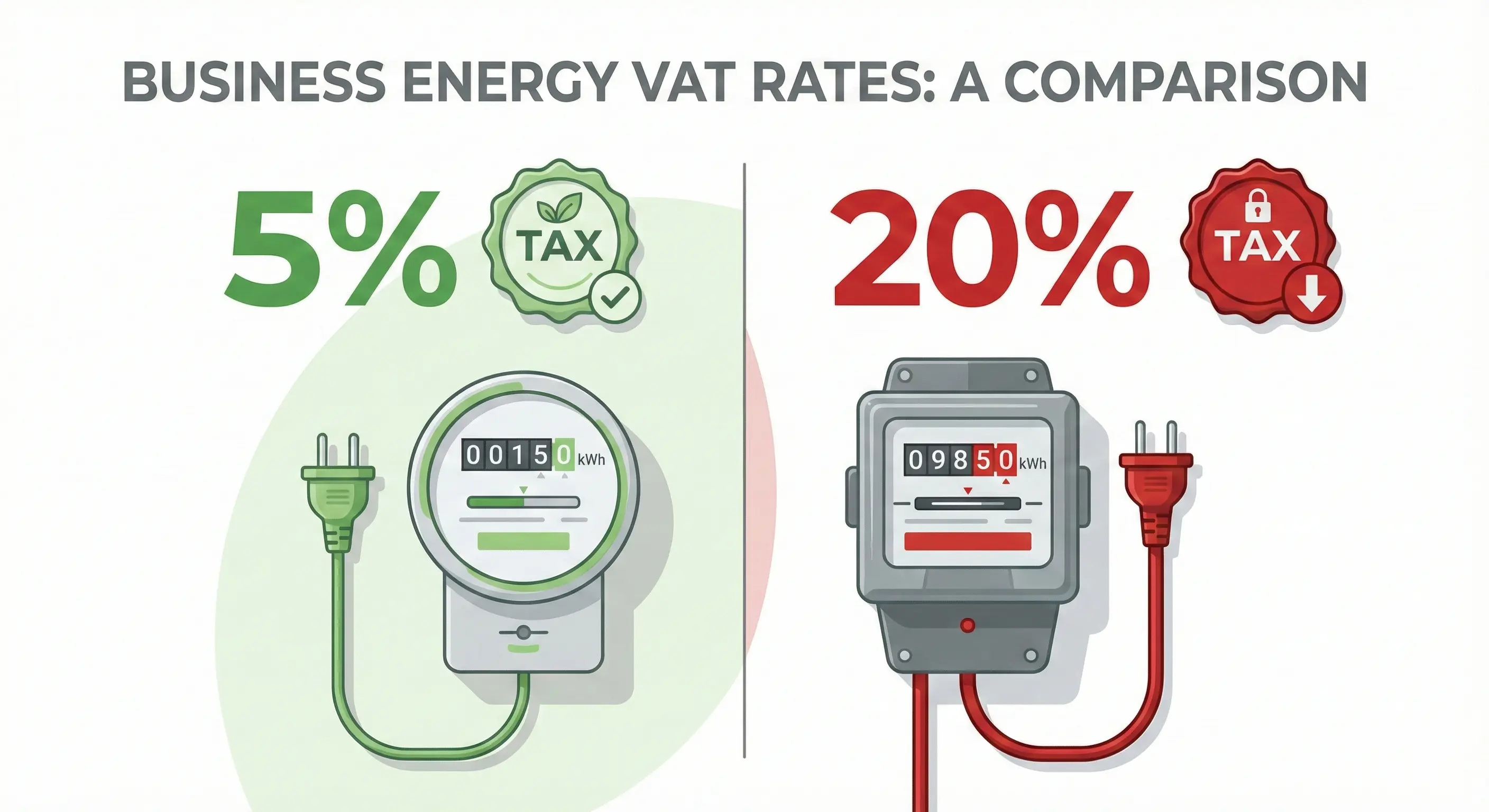 Split comparison showing 5% VAT on the left with a small green tax badge next to a low energy meter reading, versus 20% VAT on the right with a large red tax badge next to a high energy meter reading