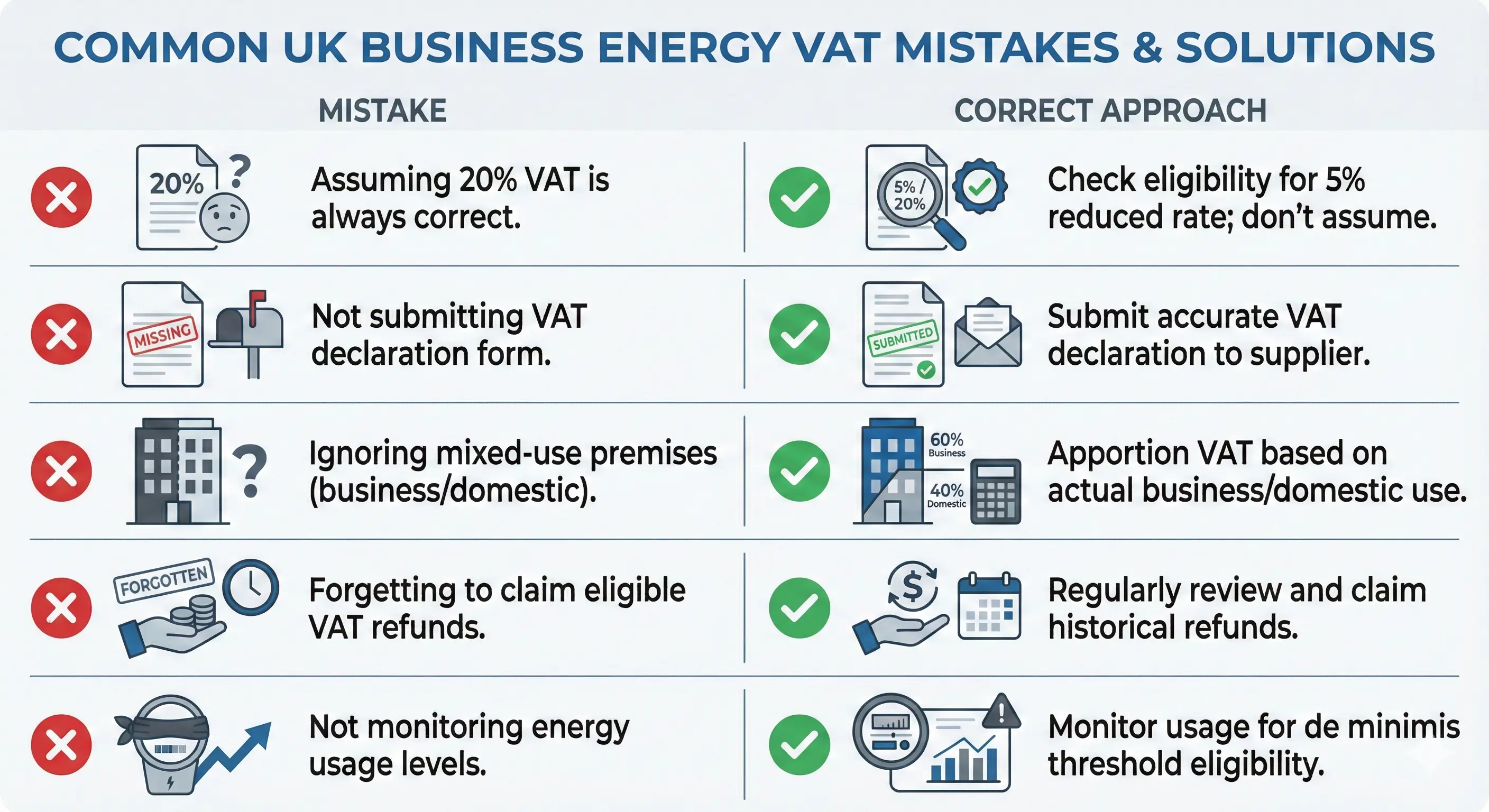Checklist graphic showing five common VAT mistakes with red crosses next to each error and green checkmarks showing the correct approach