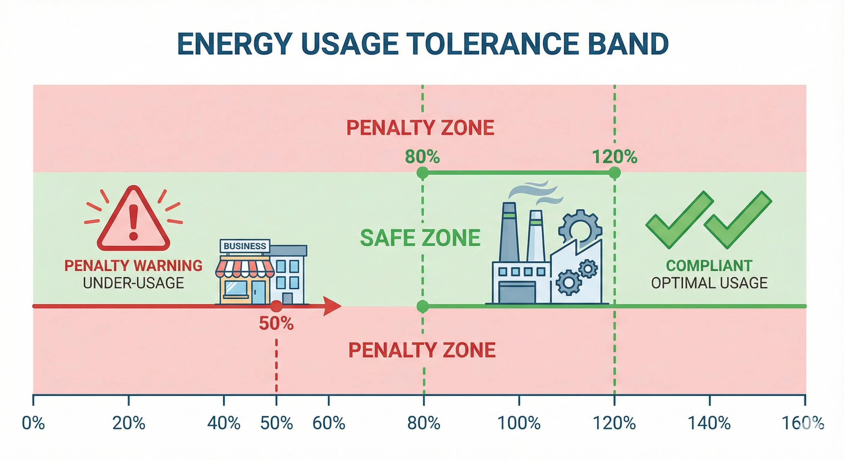 Infographic illustrating volume tolerance bands showing how small businesses with low consumption can fall outside the 80-120% safe zone while larger businesses remain compliant