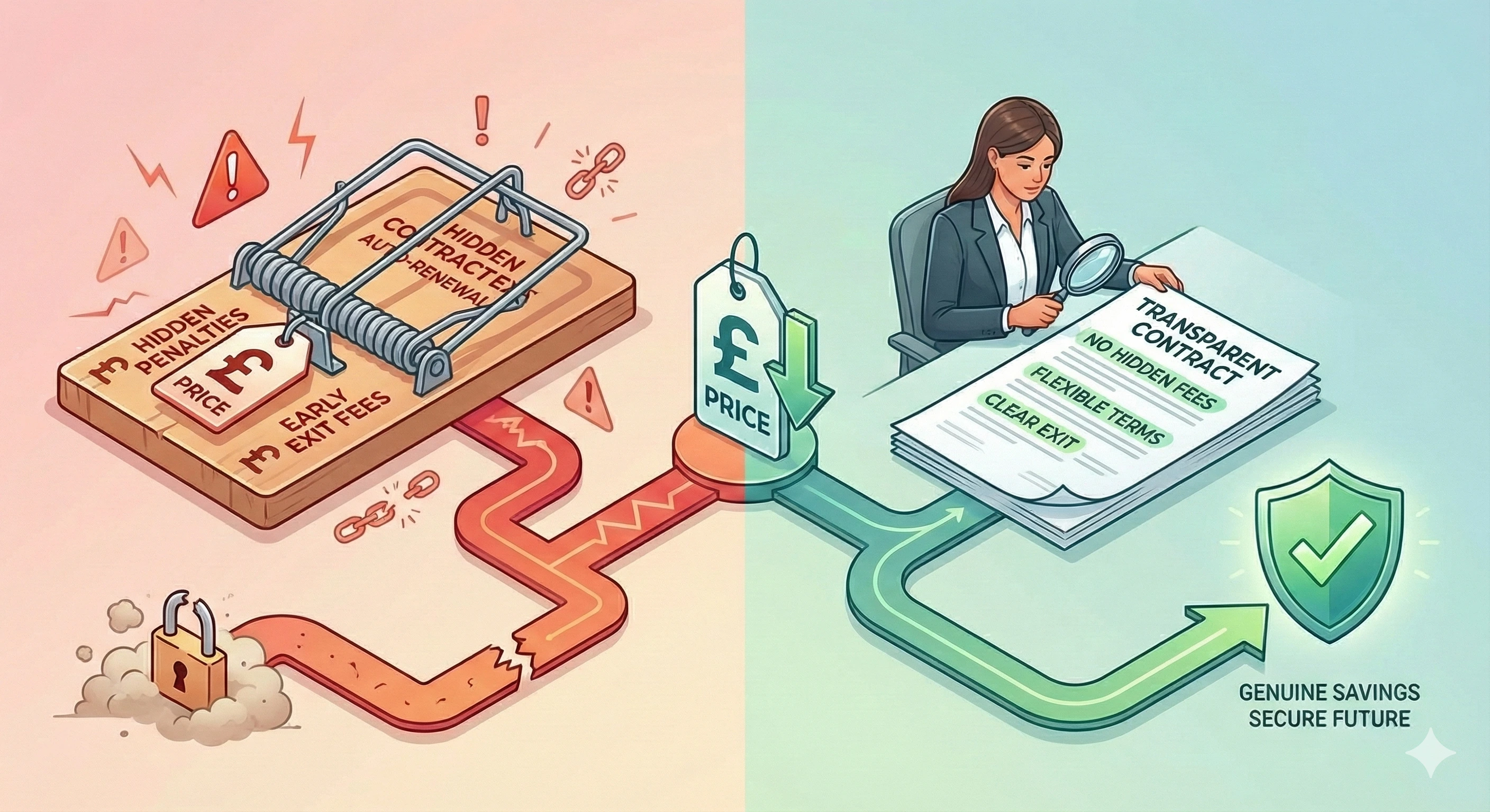 Split illustration showing two paths: one leading to a cheap price tag that transforms into a trap, and another showing careful contract review leading to genuine savings