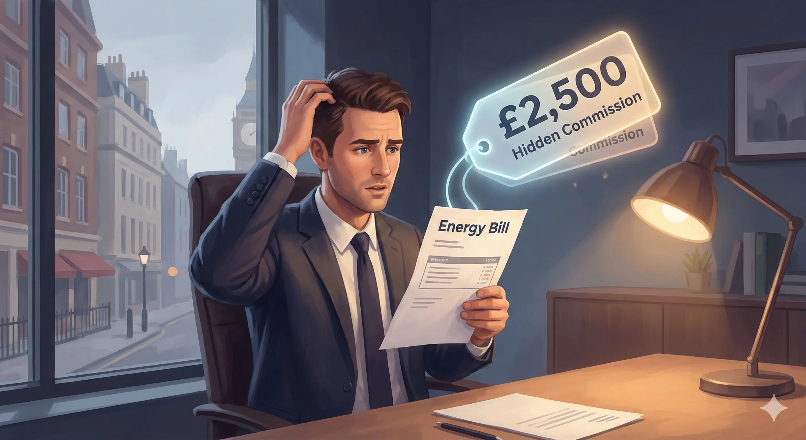 Business owner looking at energy bill with confused expression, with invisible price tag floating above showing hidden broker commission costs